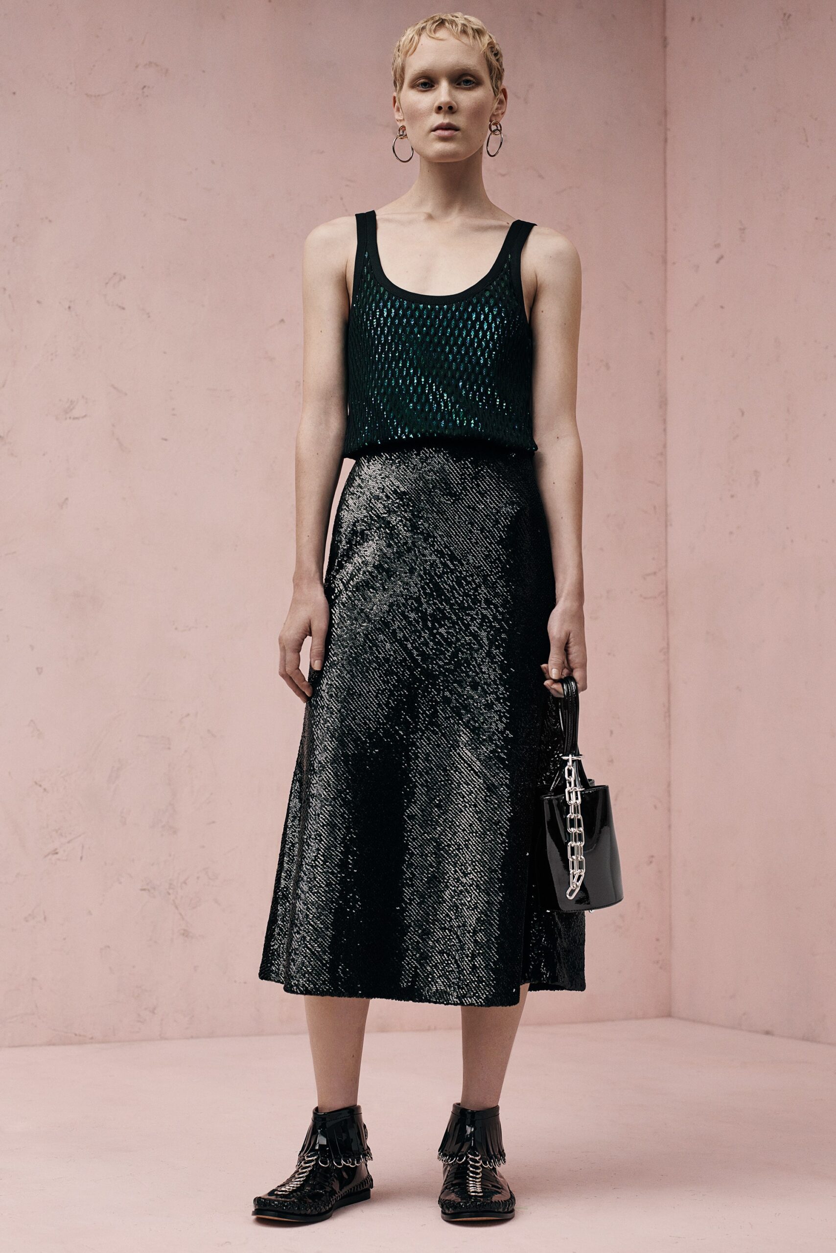 black silk asymmetric relaxed flared shiny midi skirt