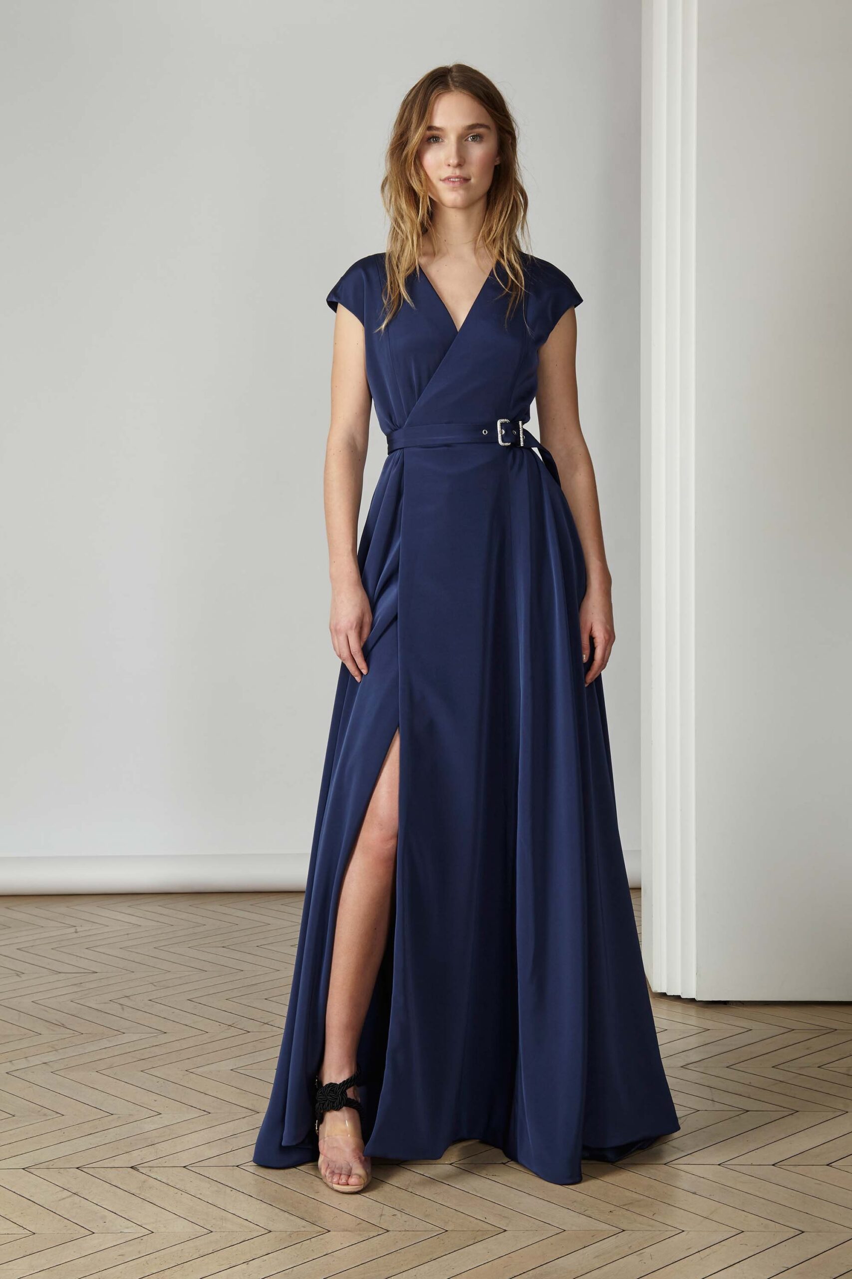 blue silk fitted gown