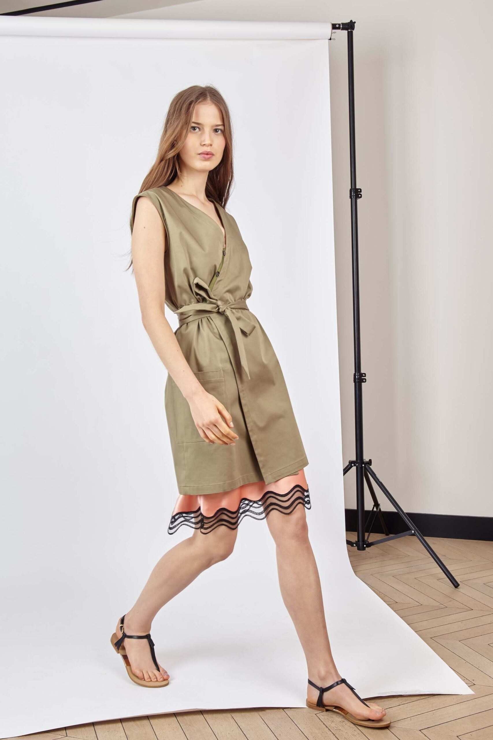 beige and pink belted mini dress