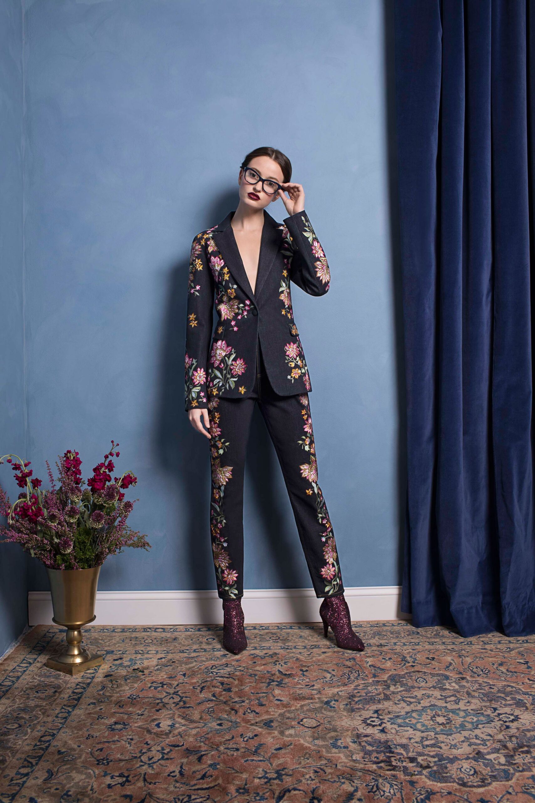 black embroidered tailored suit