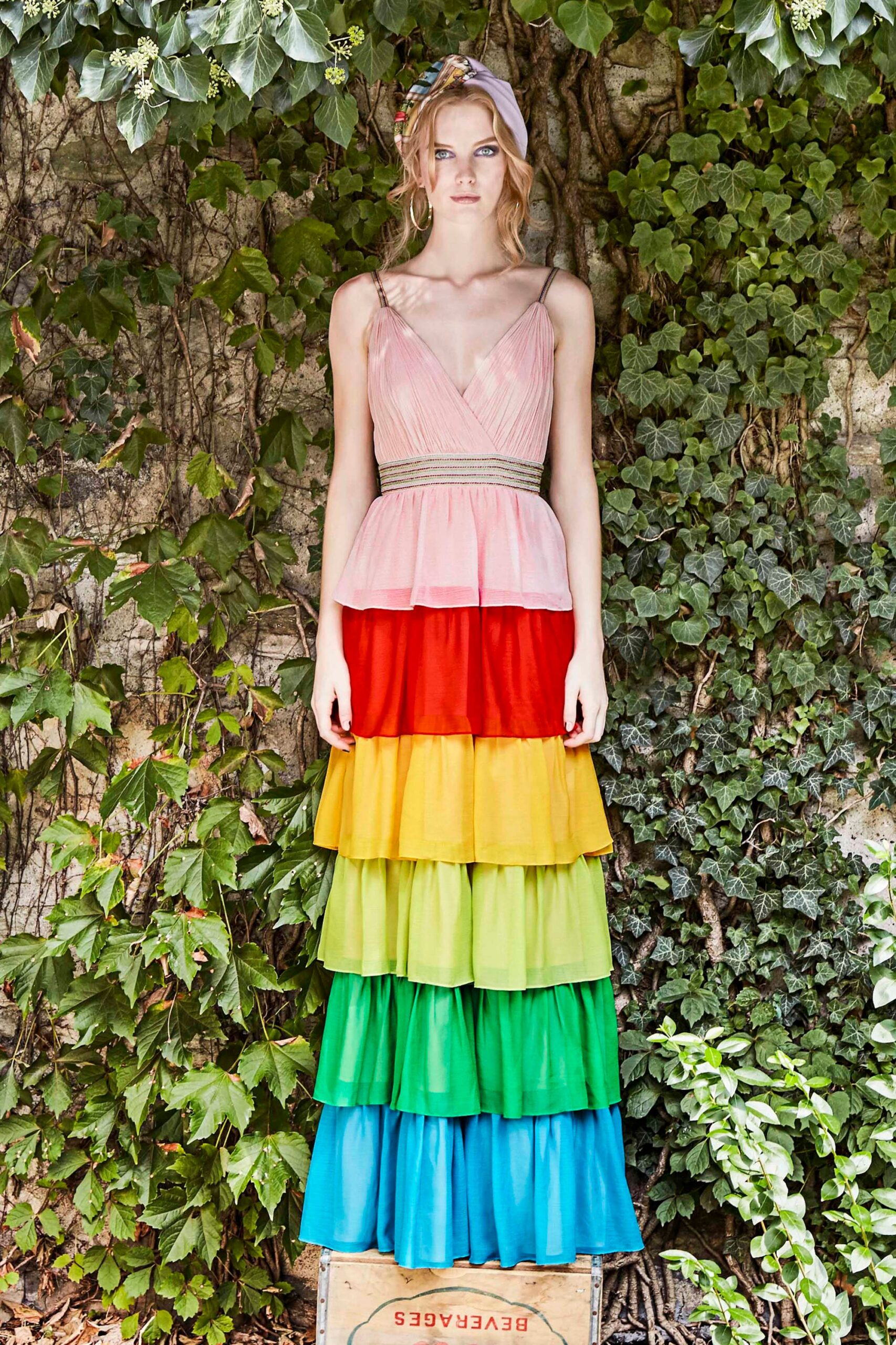 tiered colorful chiffon gown