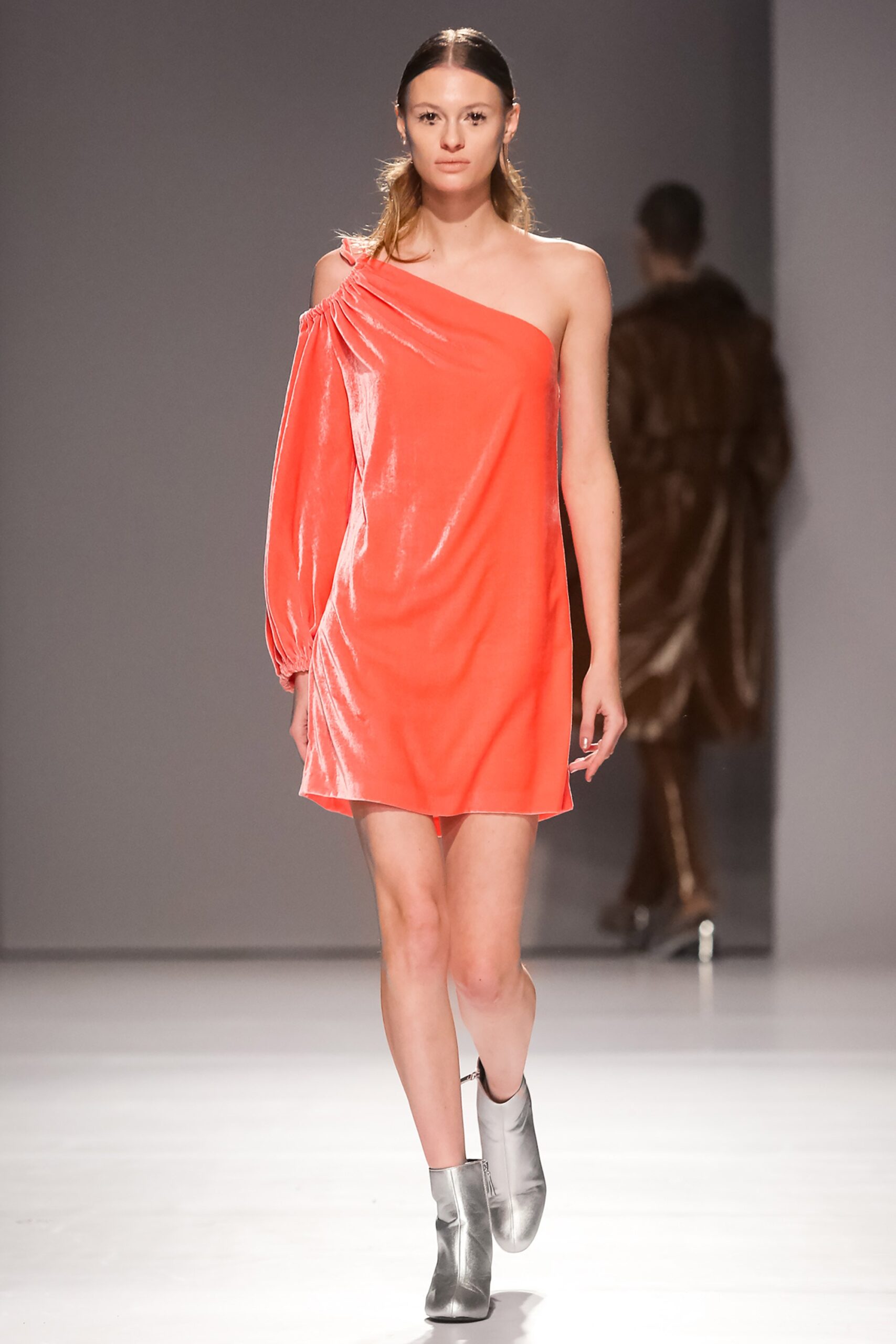 coral velvet off-shoulder dress