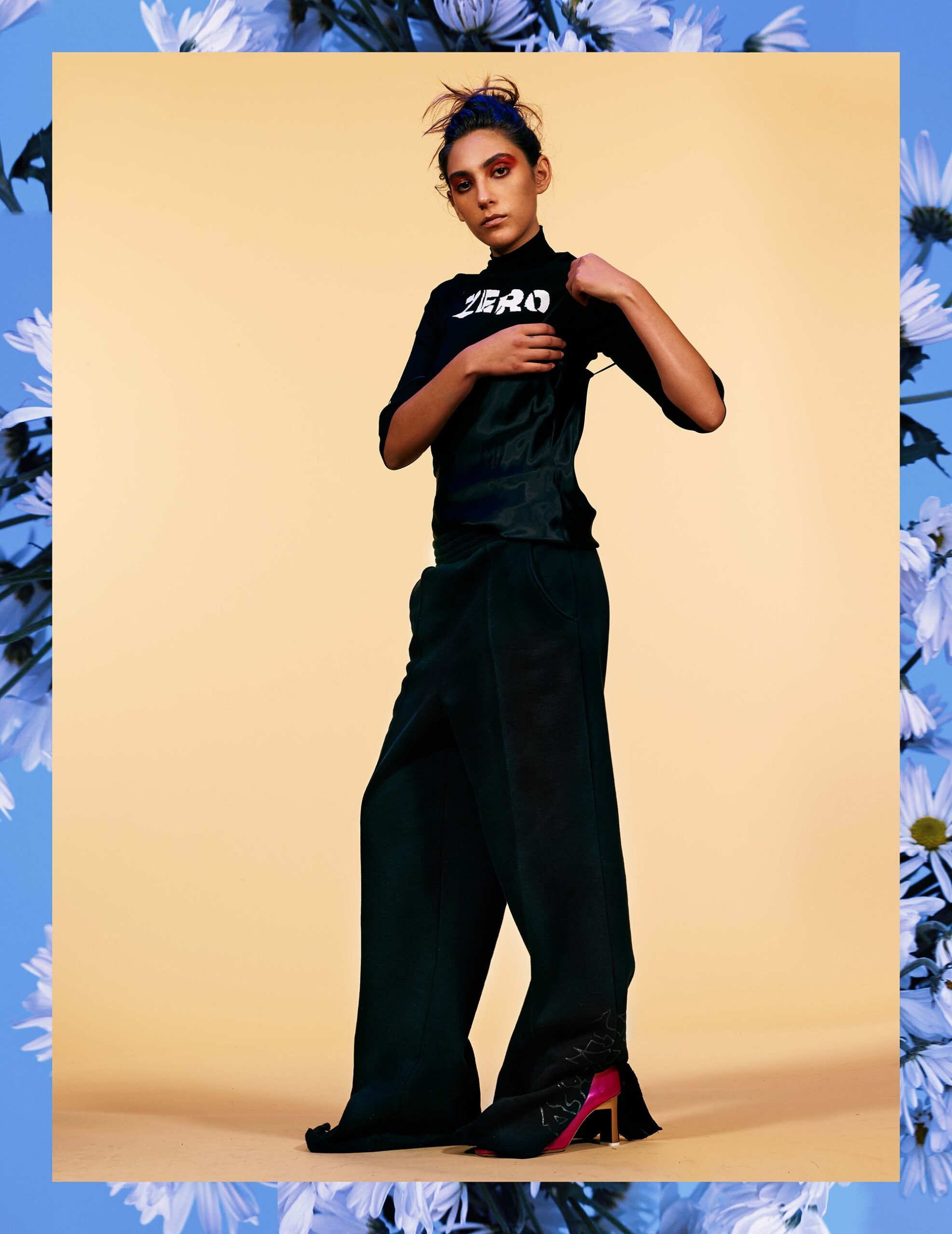 black fitted top and relaxed pants