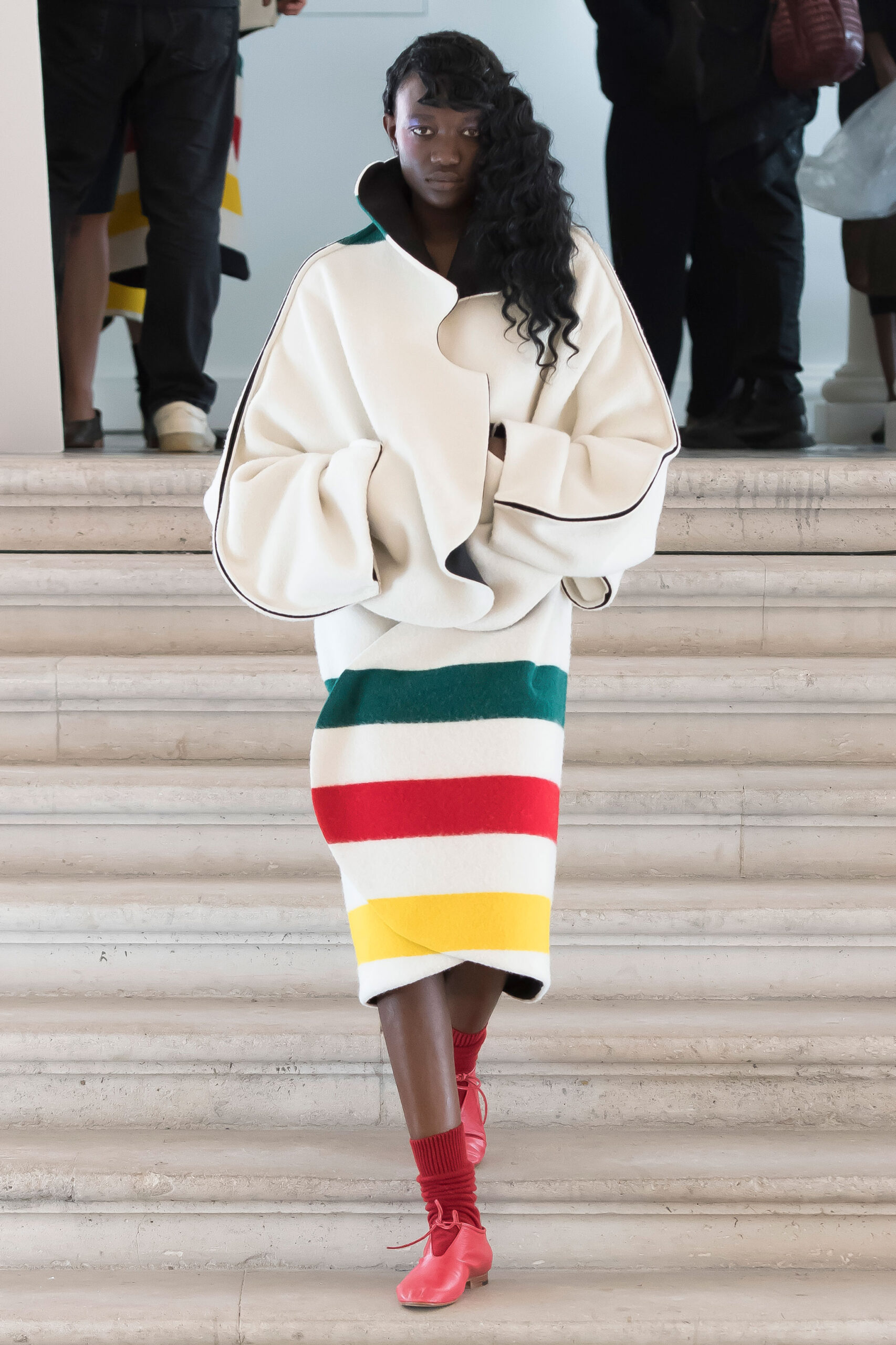 striped wool midi dress with red shoes