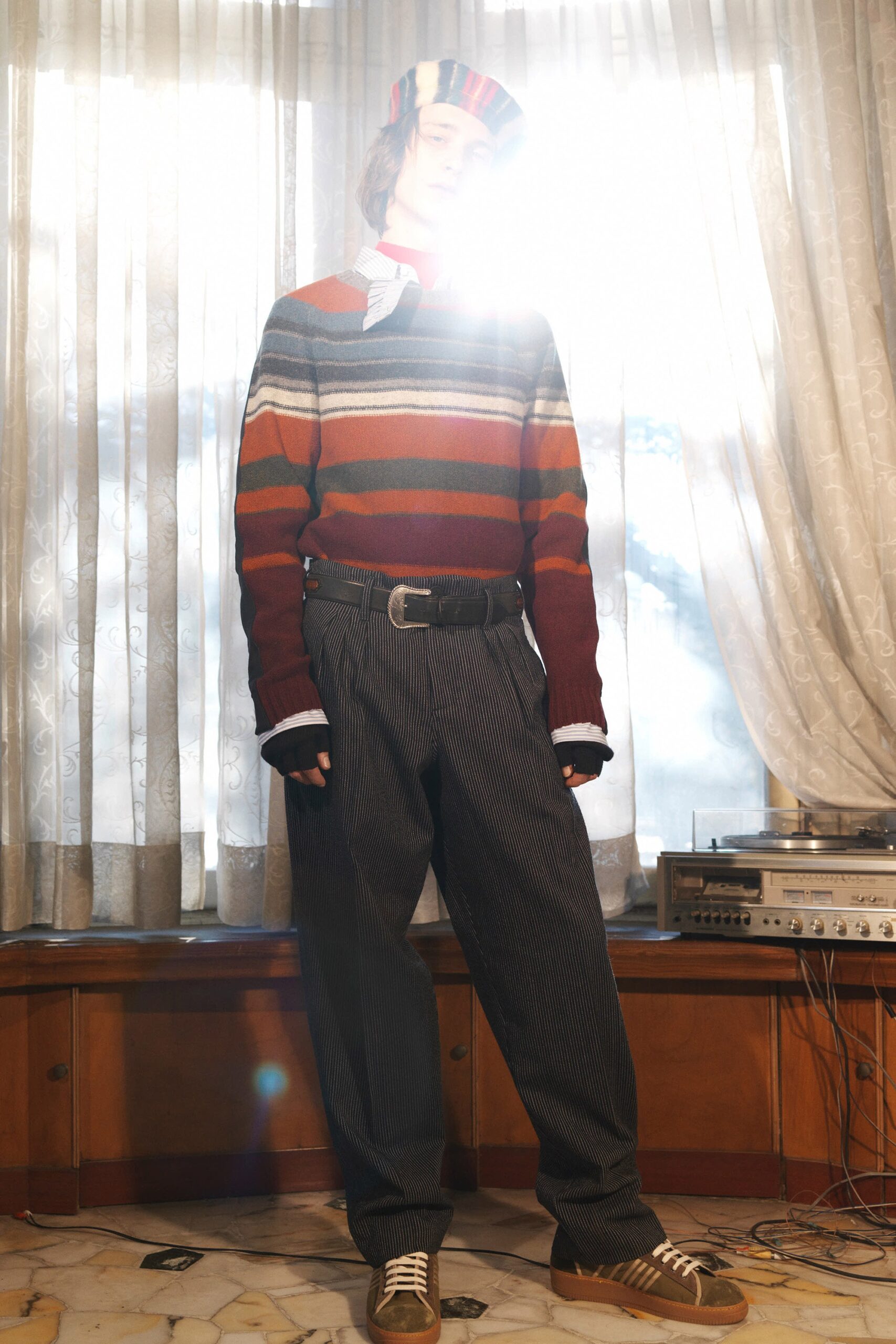 striped wool sweater and relaxed pants