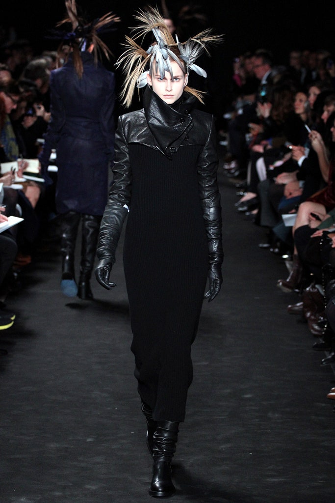 black fitted midi dress with gloves