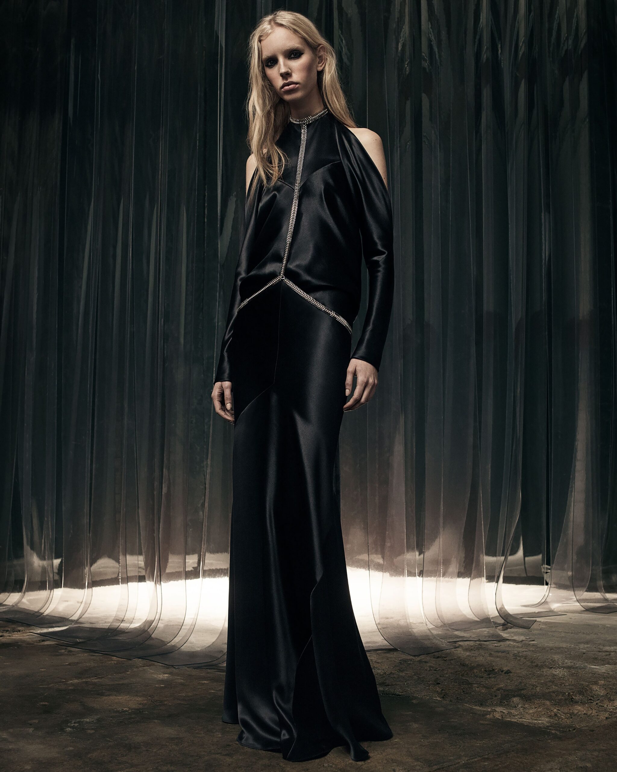 black silk fitted gown