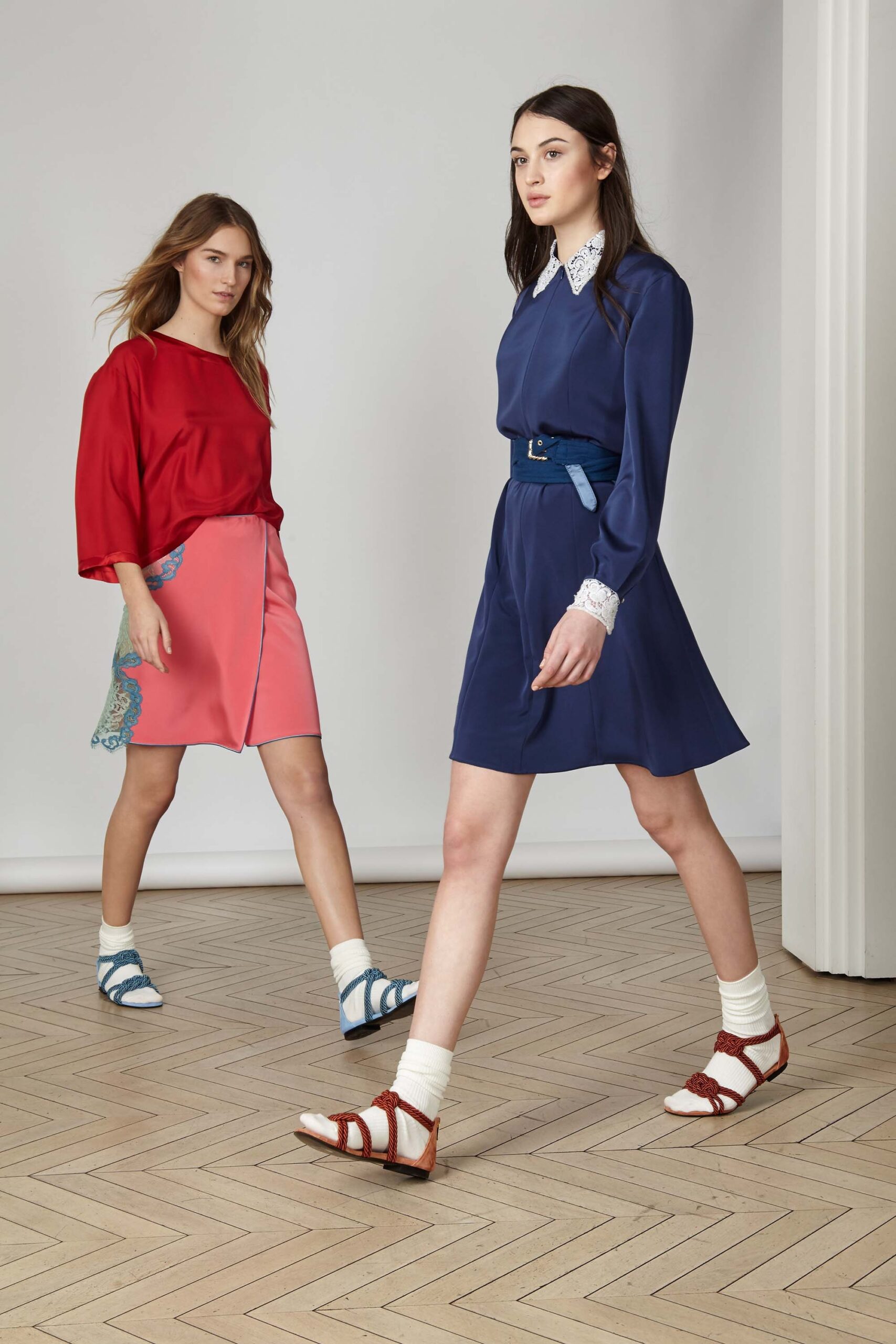 red top pink skirt blue dress