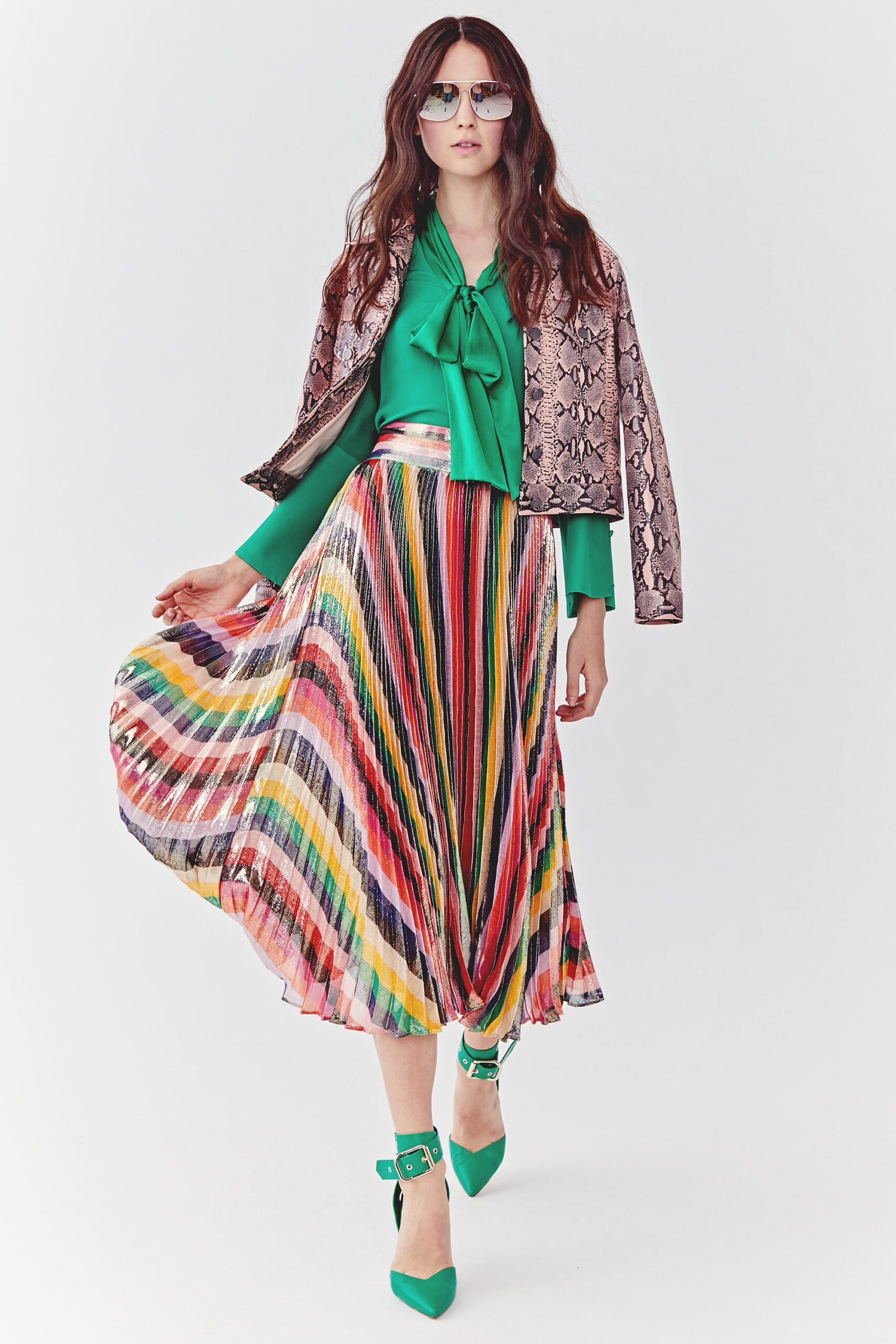 colorful pleated midi skirt outfit