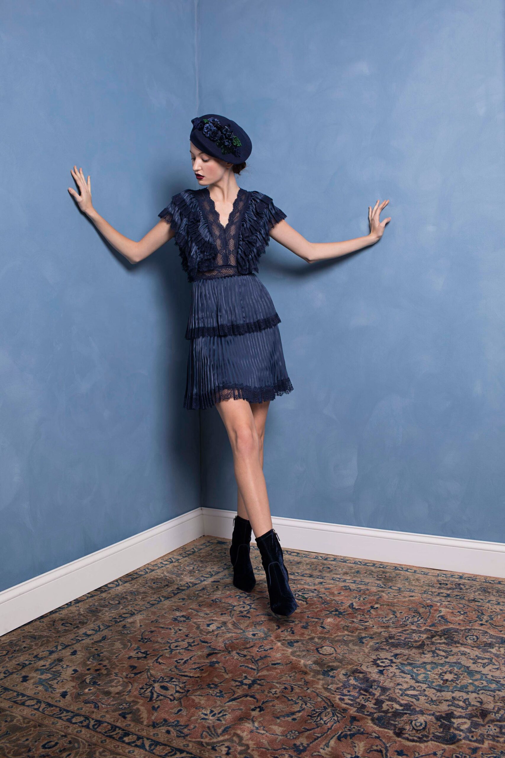 blue pleated mini dress with hat