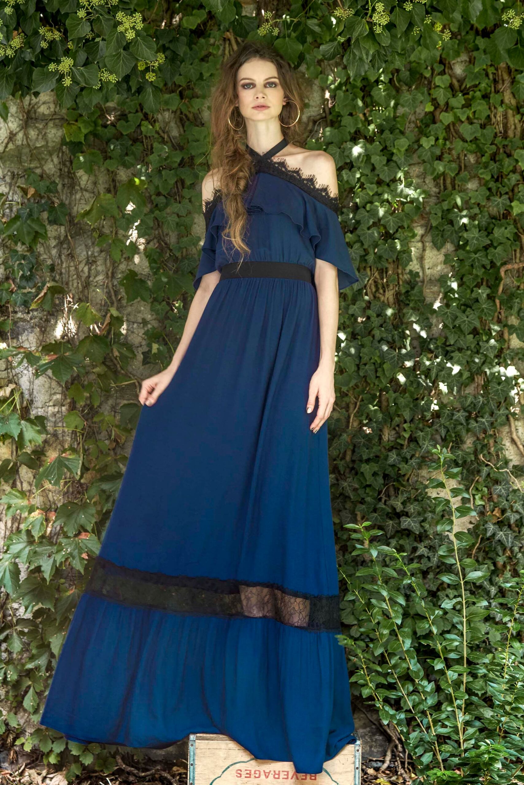 blue off-shoulder tiered gown