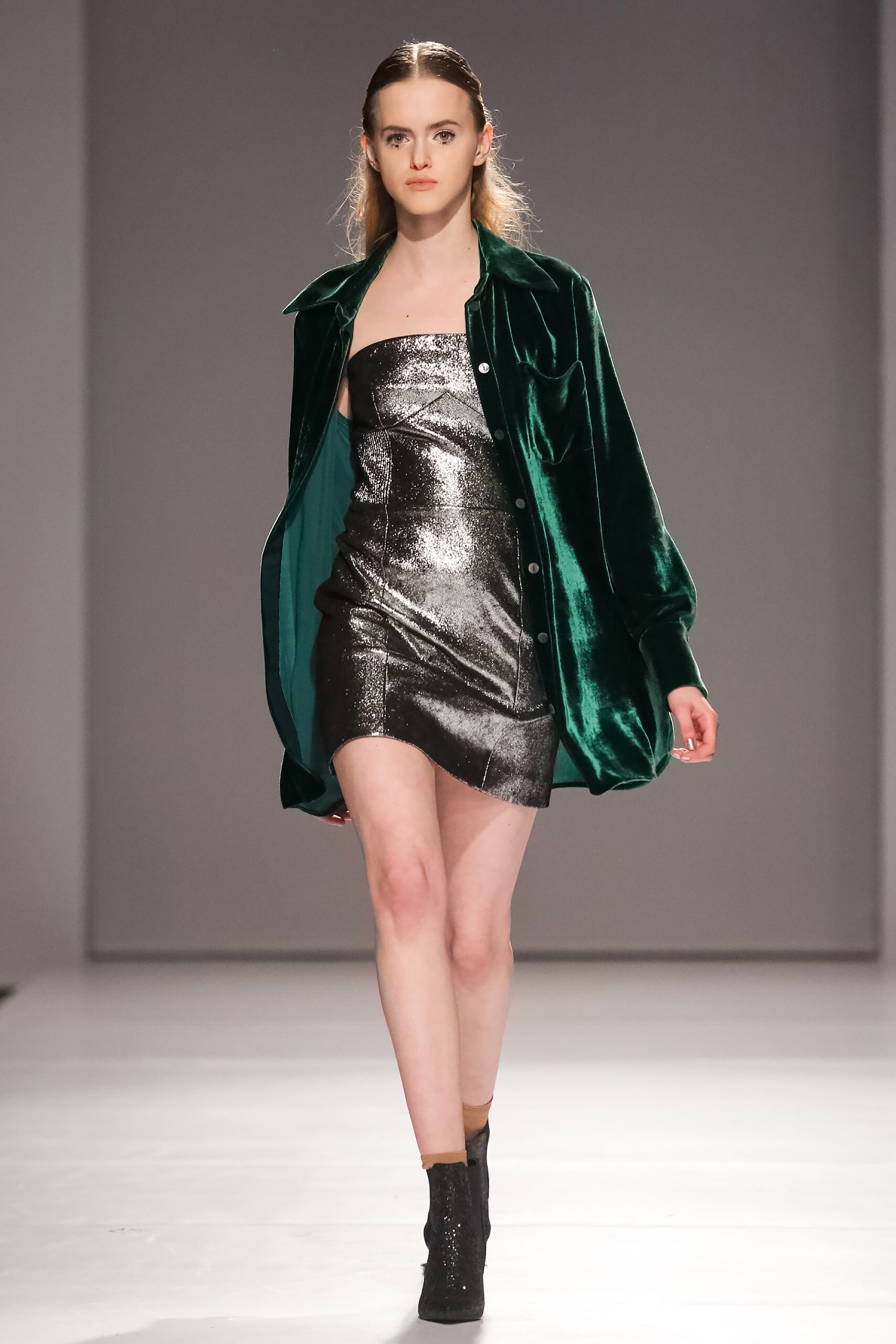 gray metallic sleeveless fitted straight-leg zippered shiny dress