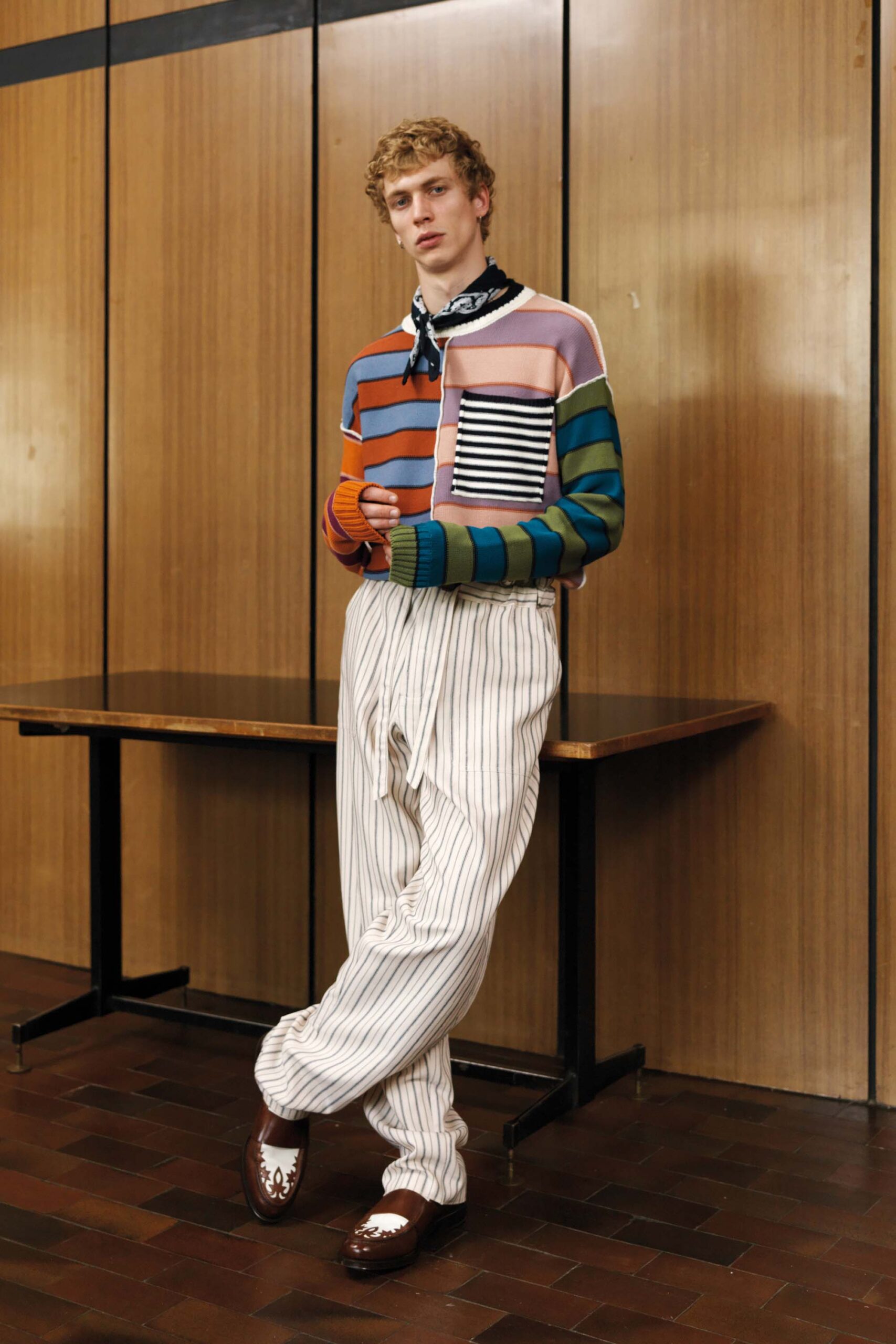 multi-colored striped sweater with relaxed pants
