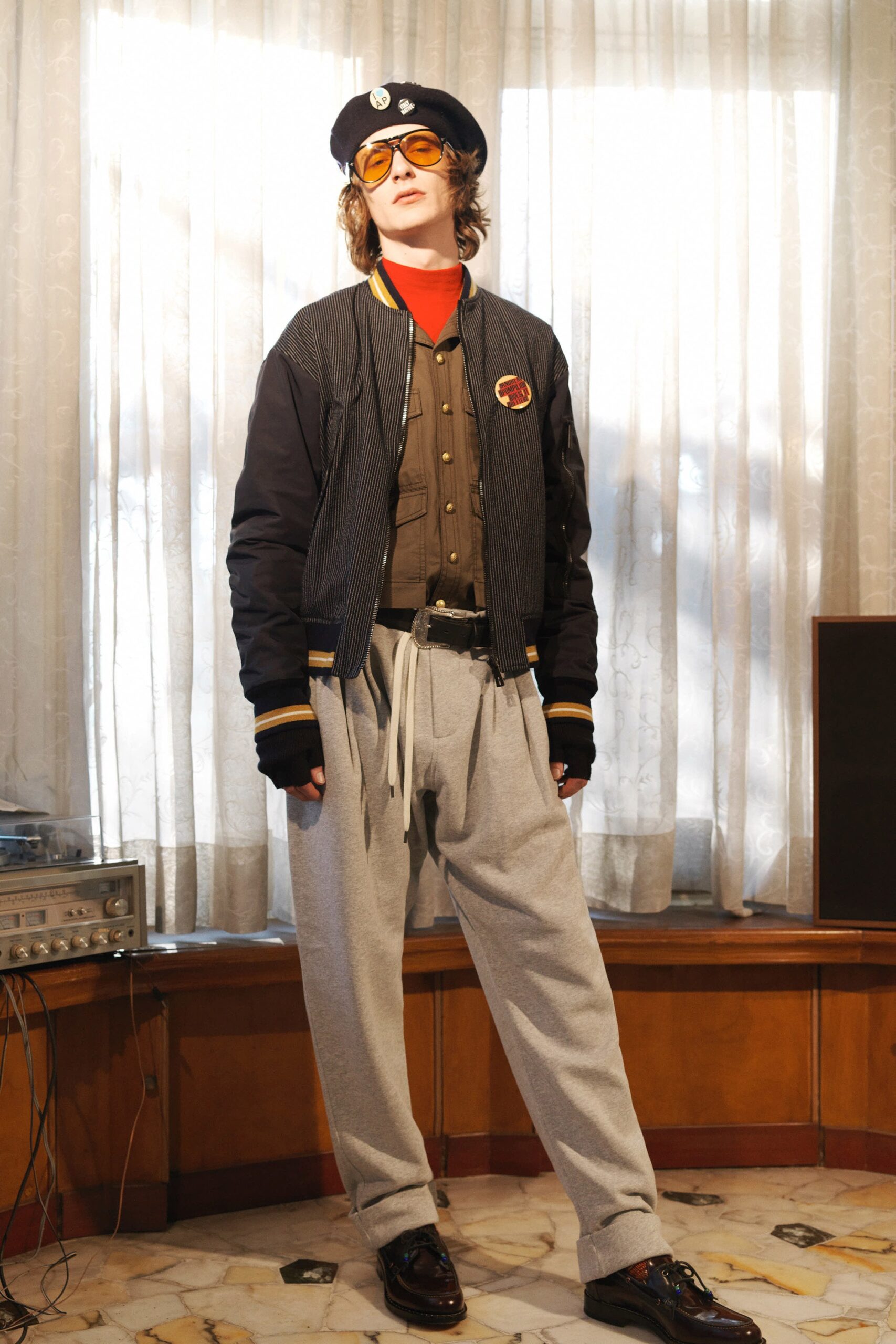 black relaxed jacket with gray pants