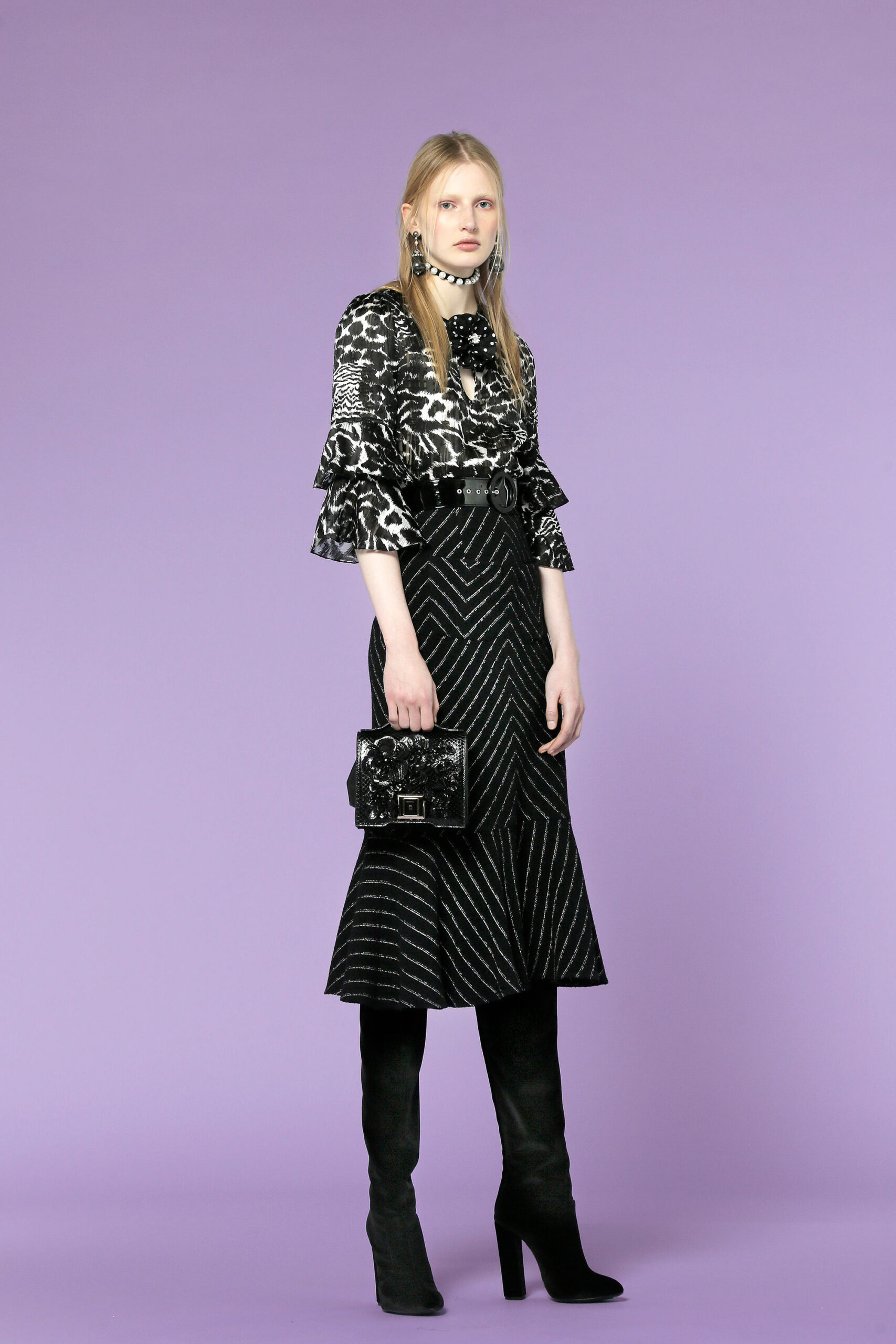 black silk long-sleeve collared fitted ruffled printed blouse