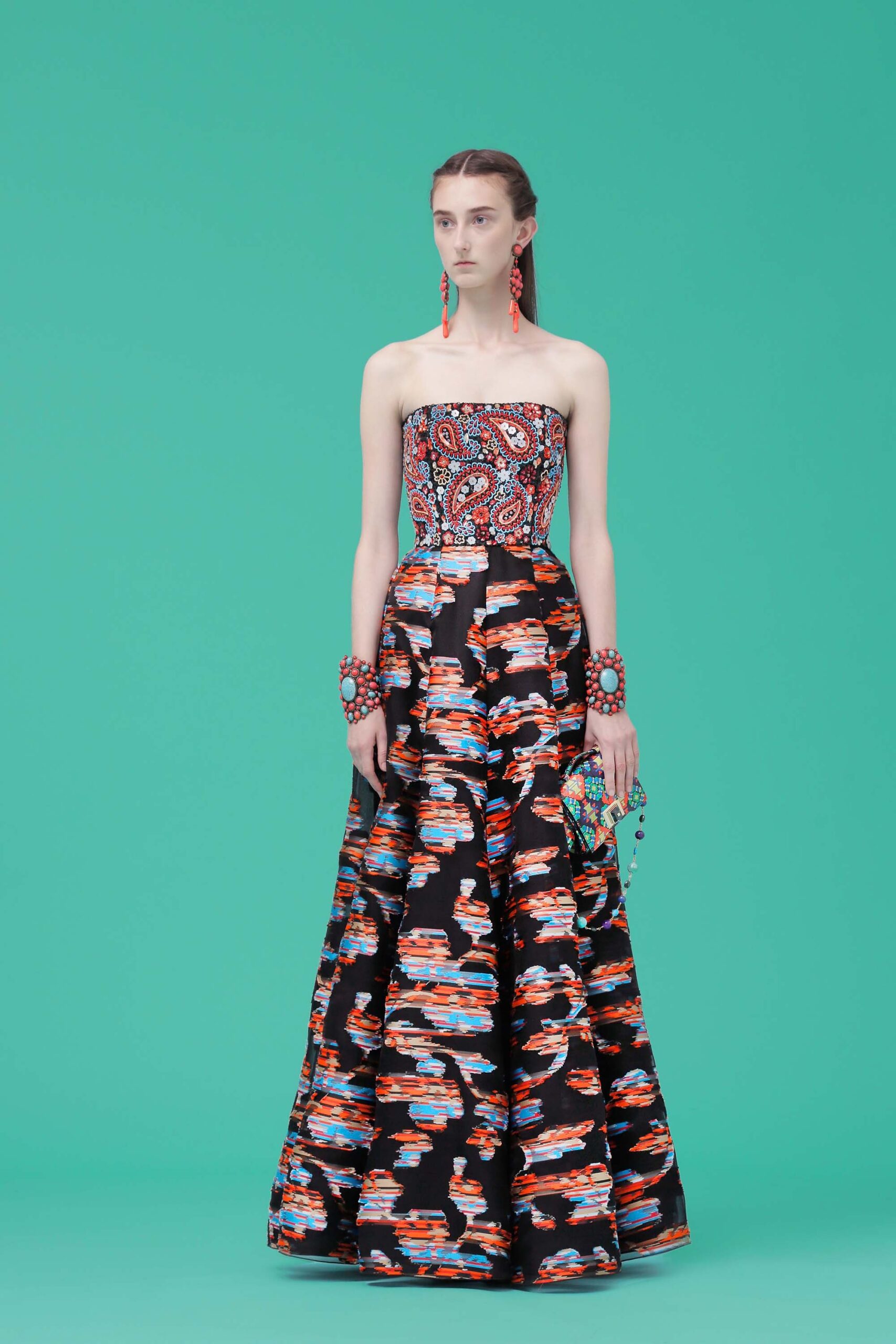 strapless black and colorful gown