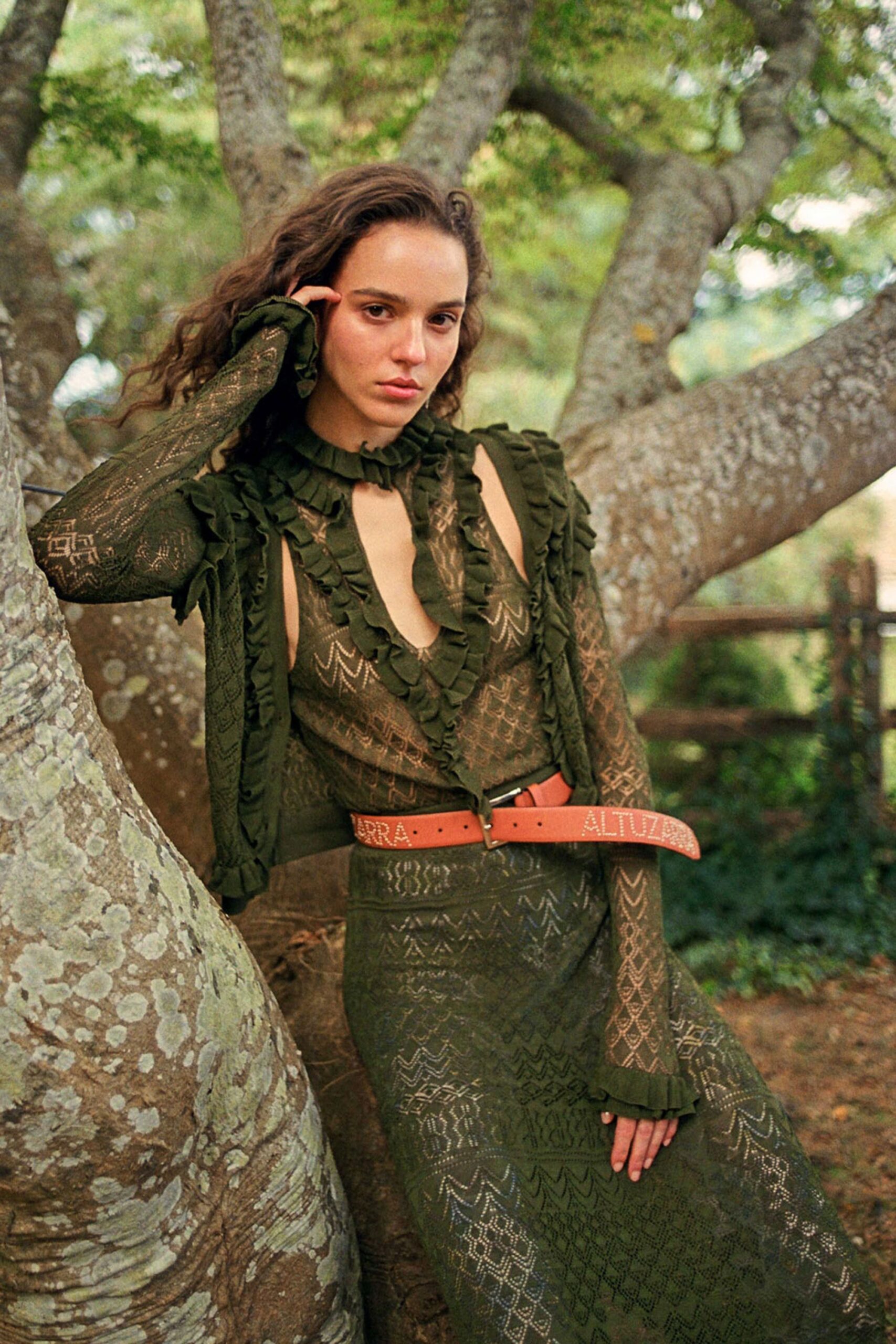 green lace ruffled maxi dress