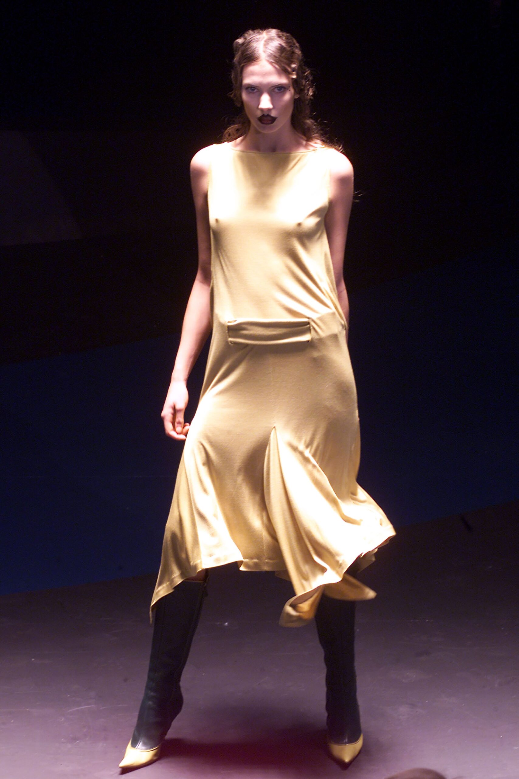yellow silk midi dress with black boots