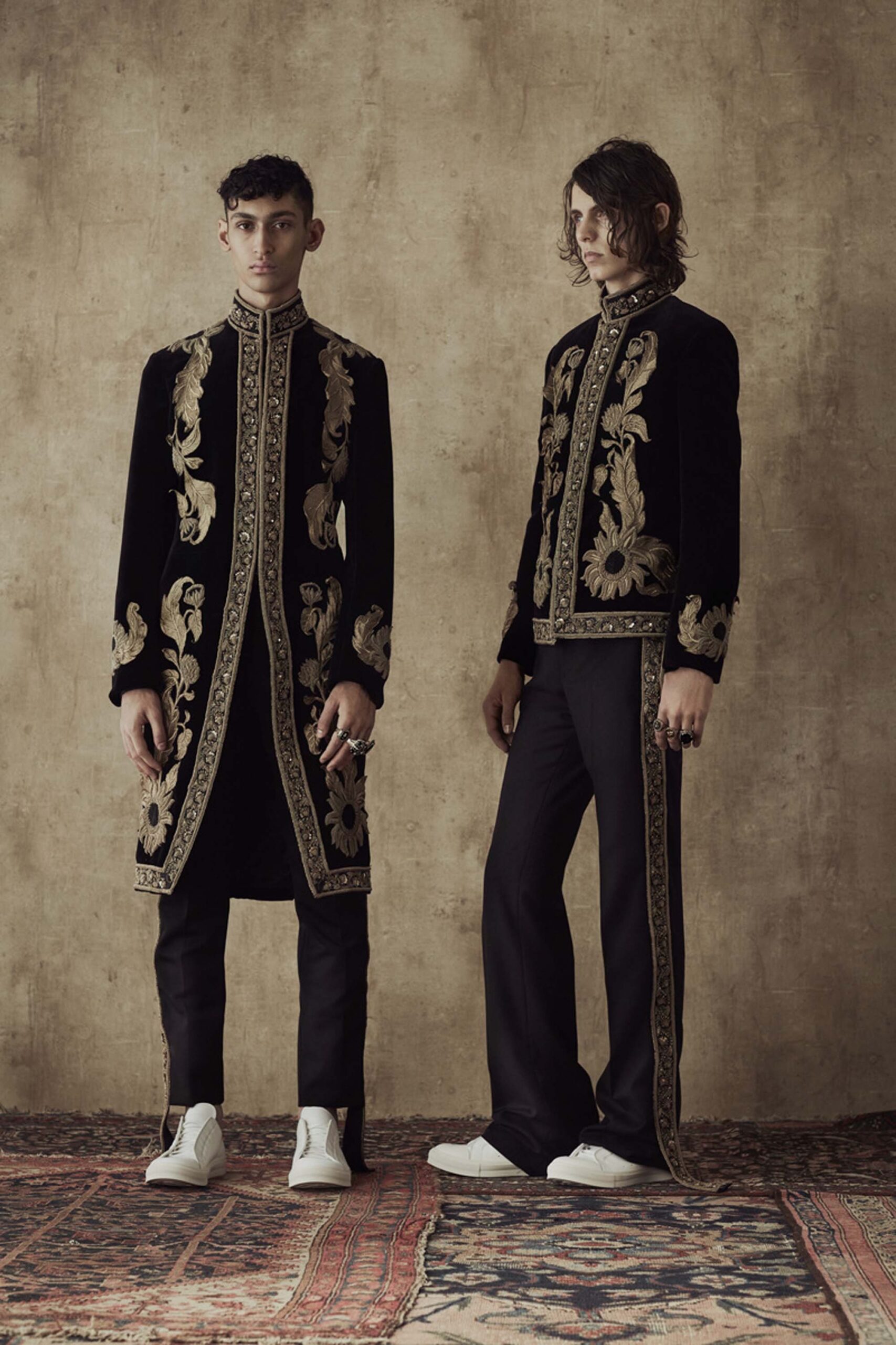 black velvet long-sleeve collared fitted embroidered coat