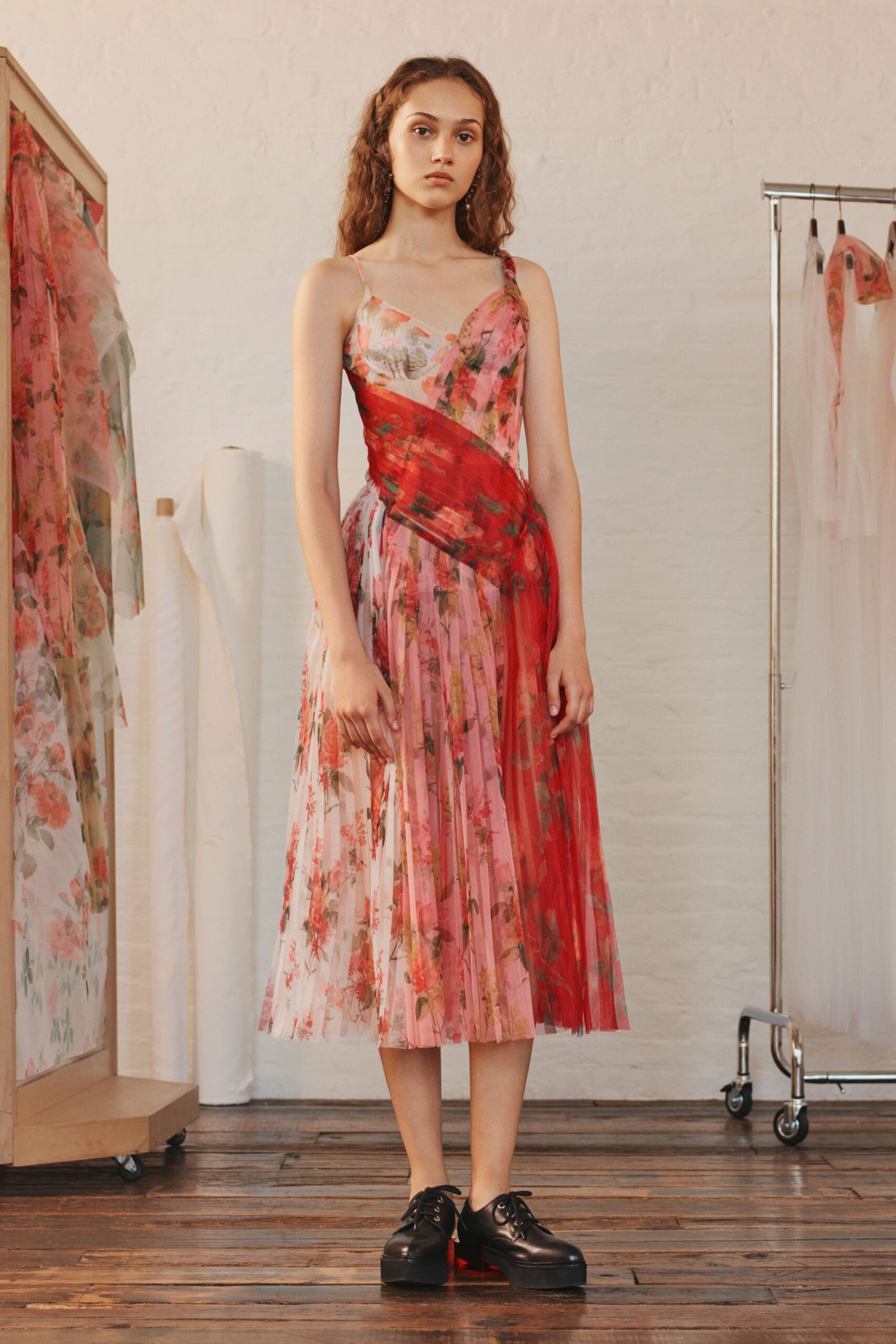 red and pink floral midi dress