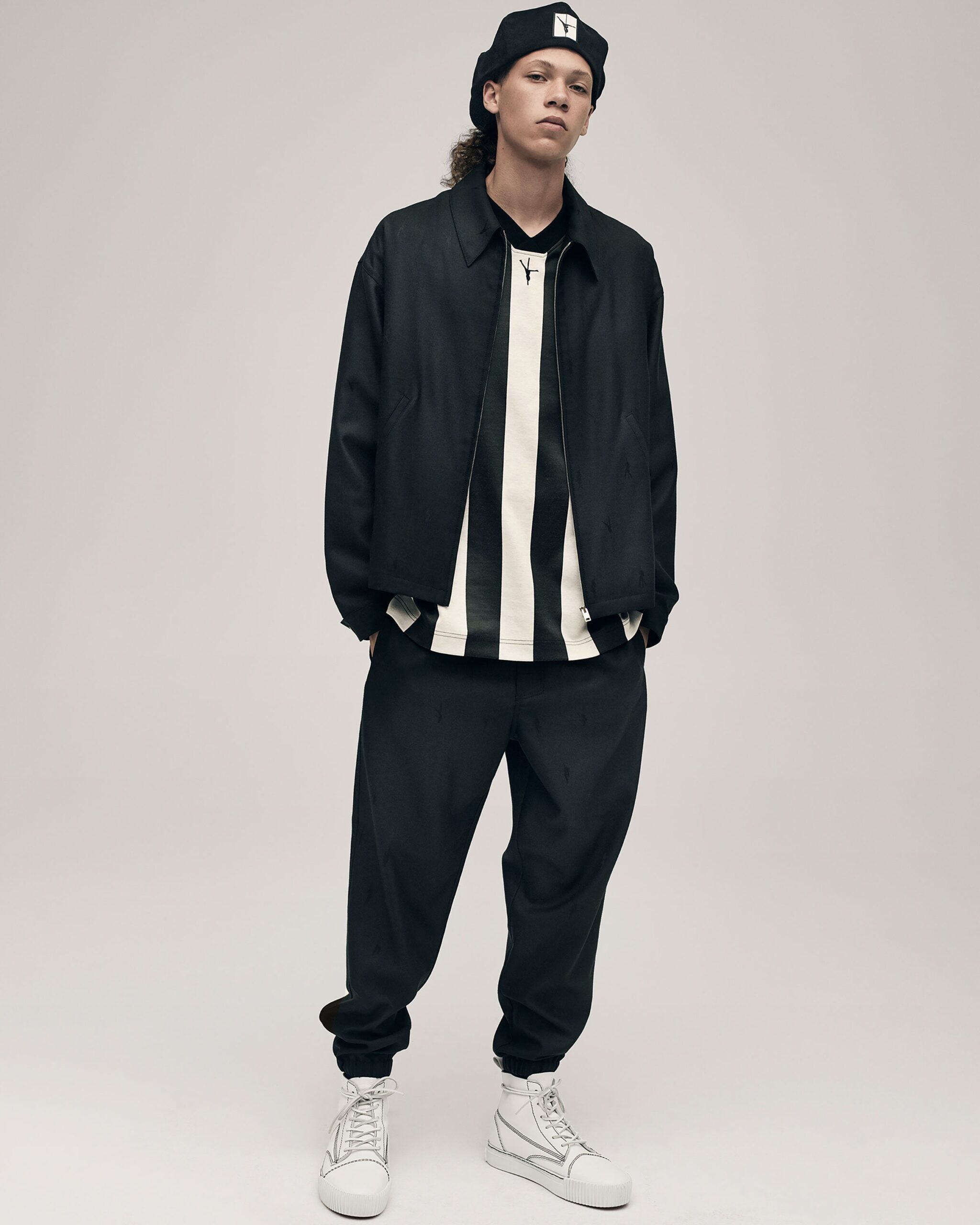 black relaxed jacket with striped shirt