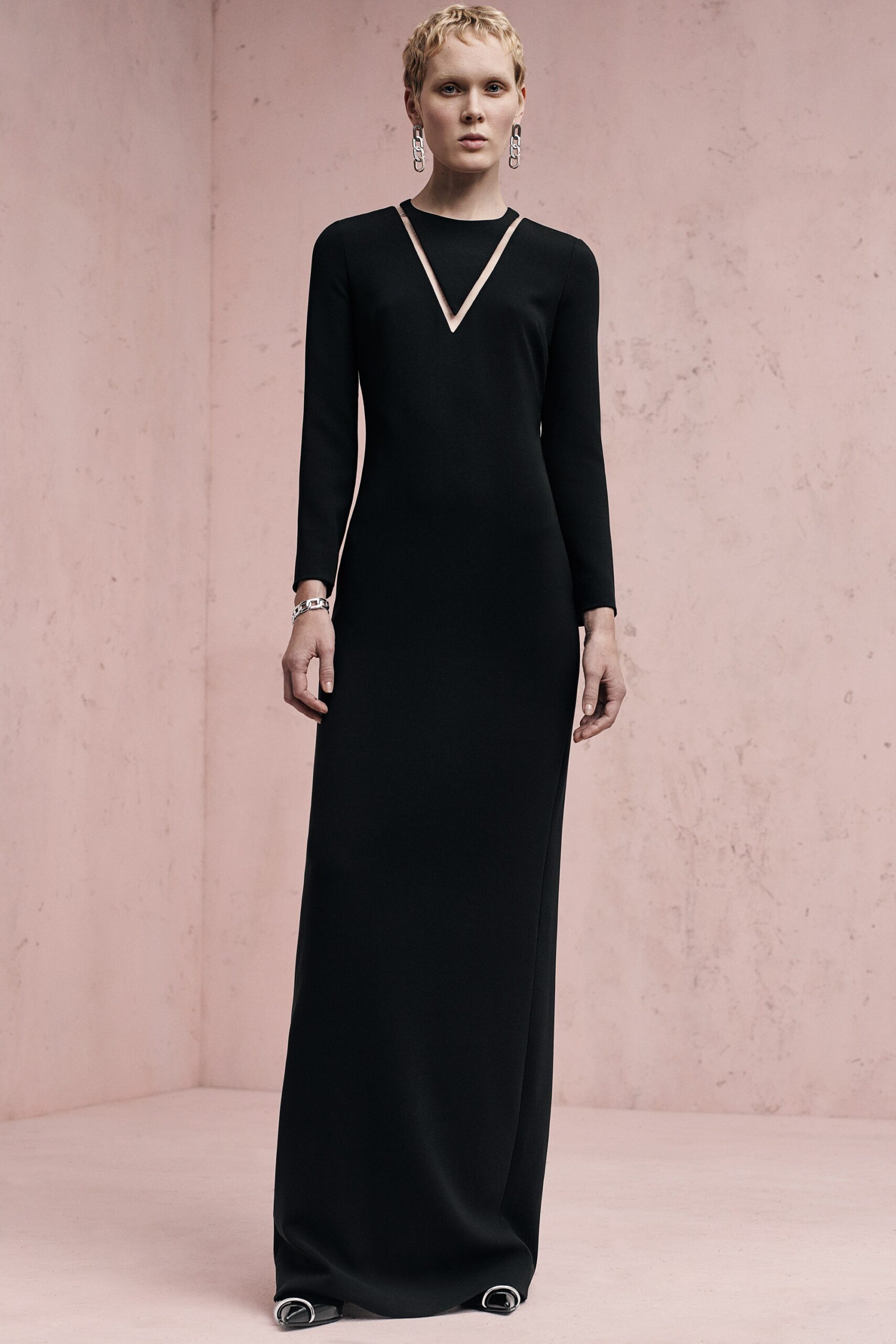 fitted black silk gown