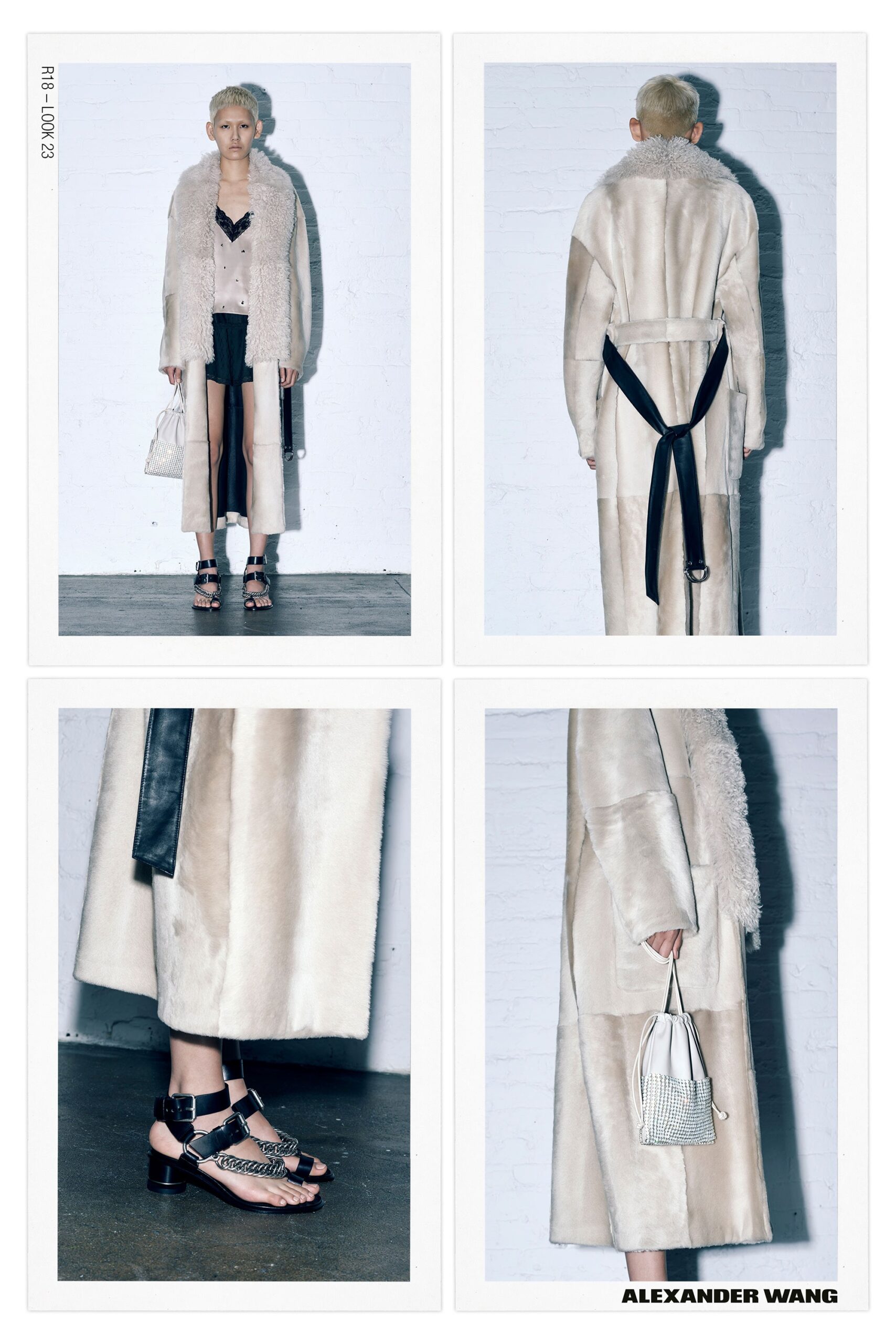 beige fur coat with black top