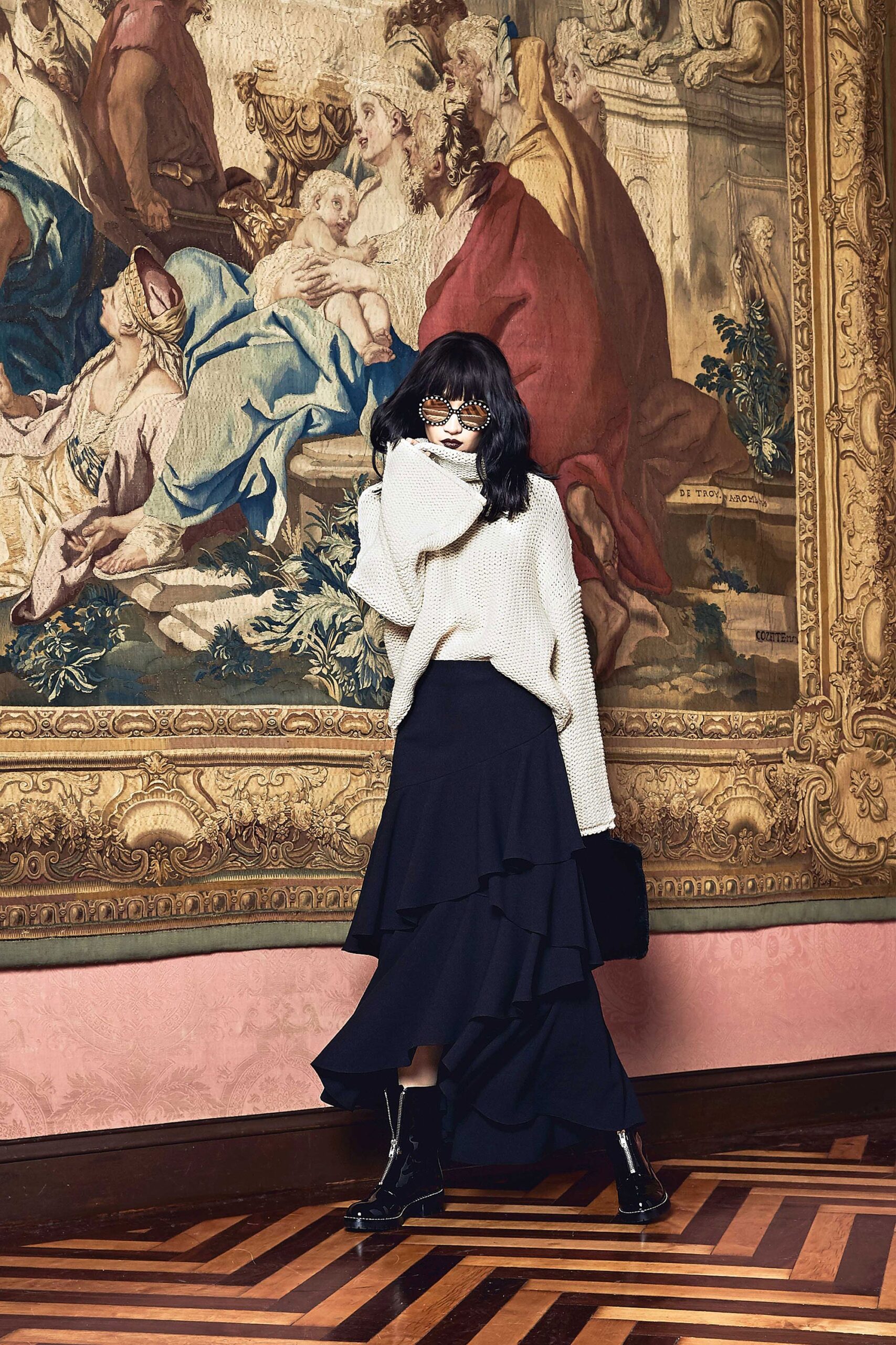 white wool long-sleeve turtleneck relaxed ribbed sweater