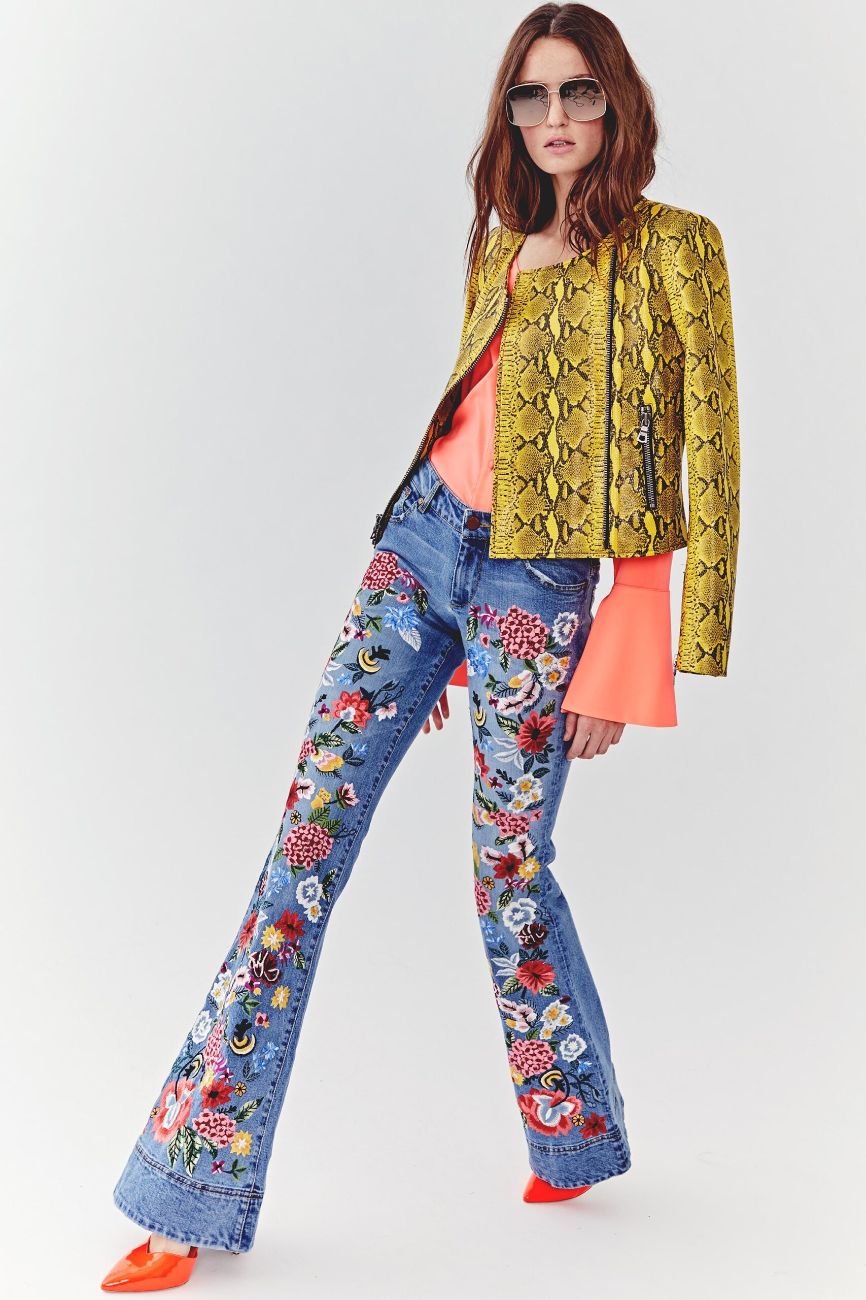 yellow embroidered jacket with flared pants