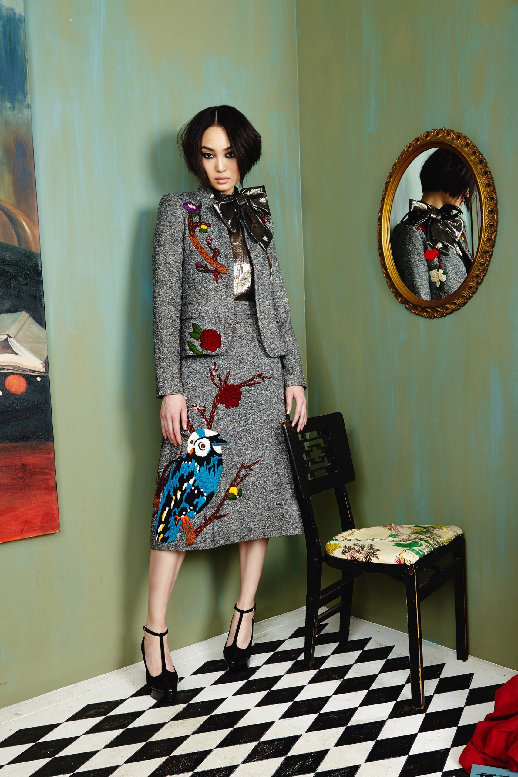 gray tweed blazer and pencil skirt