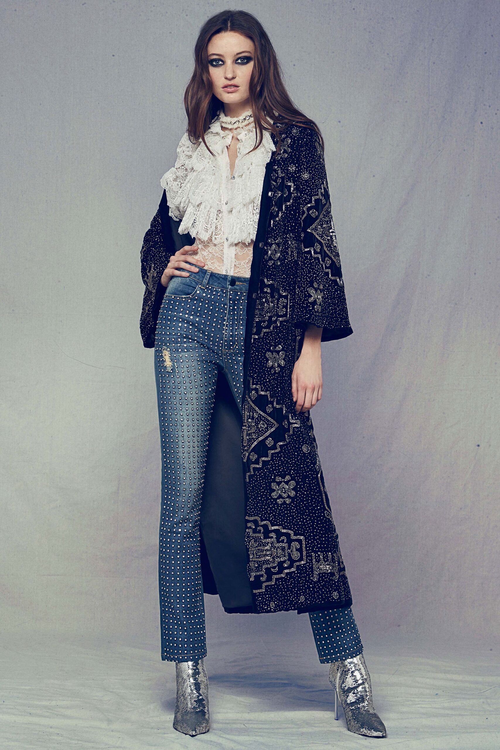 black embroidered coat with lace blouse