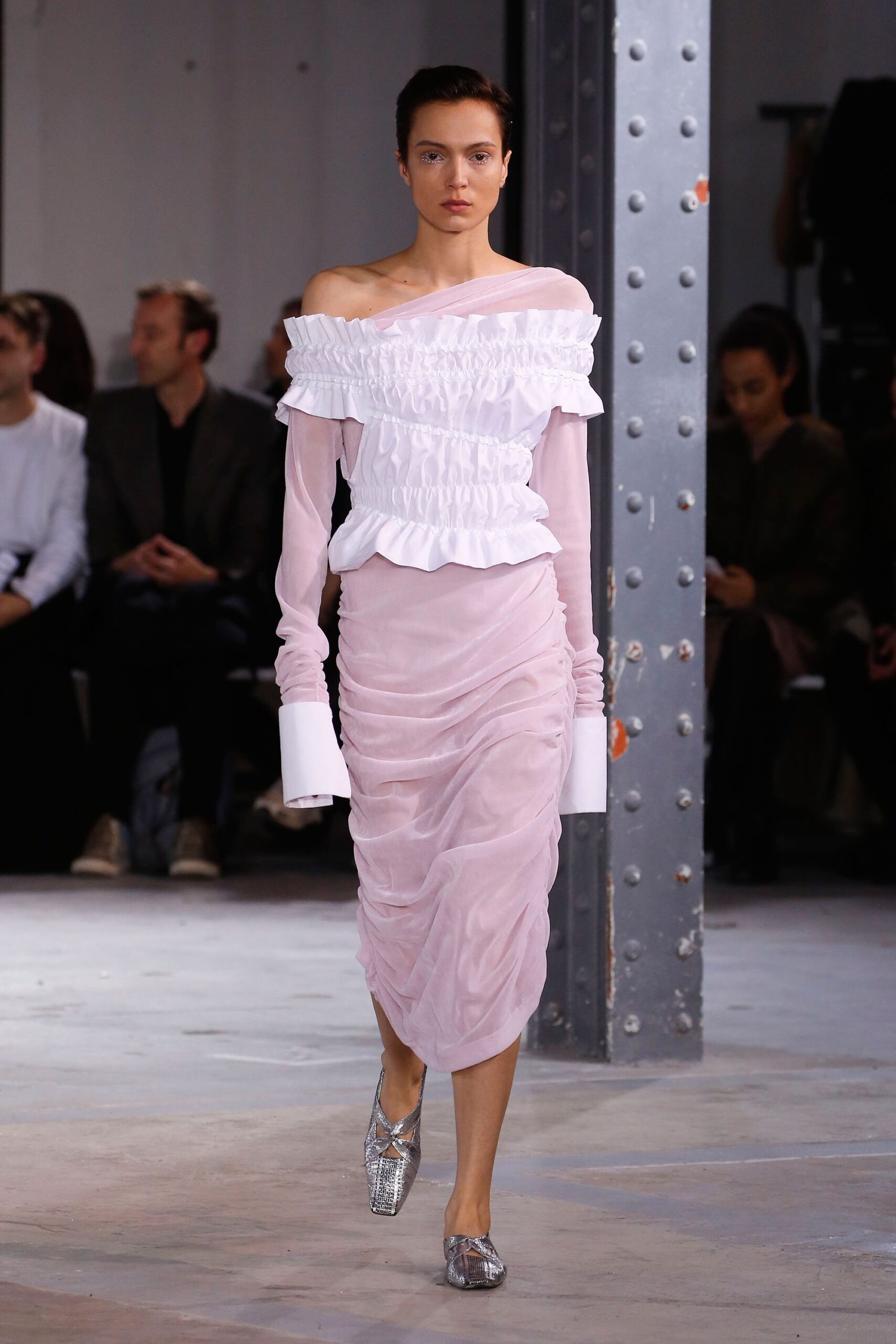 pink silk off-shoulder dress