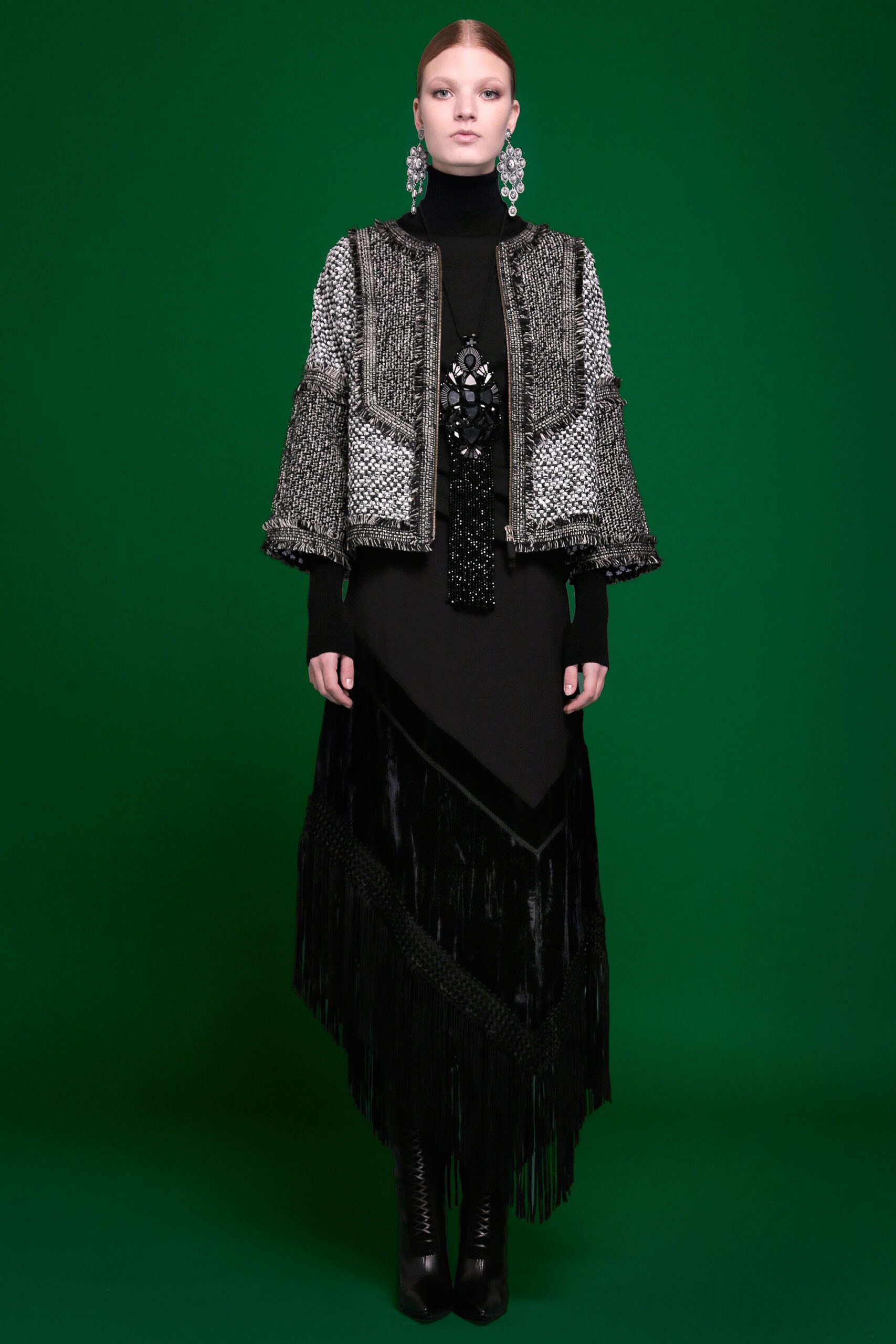 black cotton long-sleeve collared relaxed fringed layered jacket