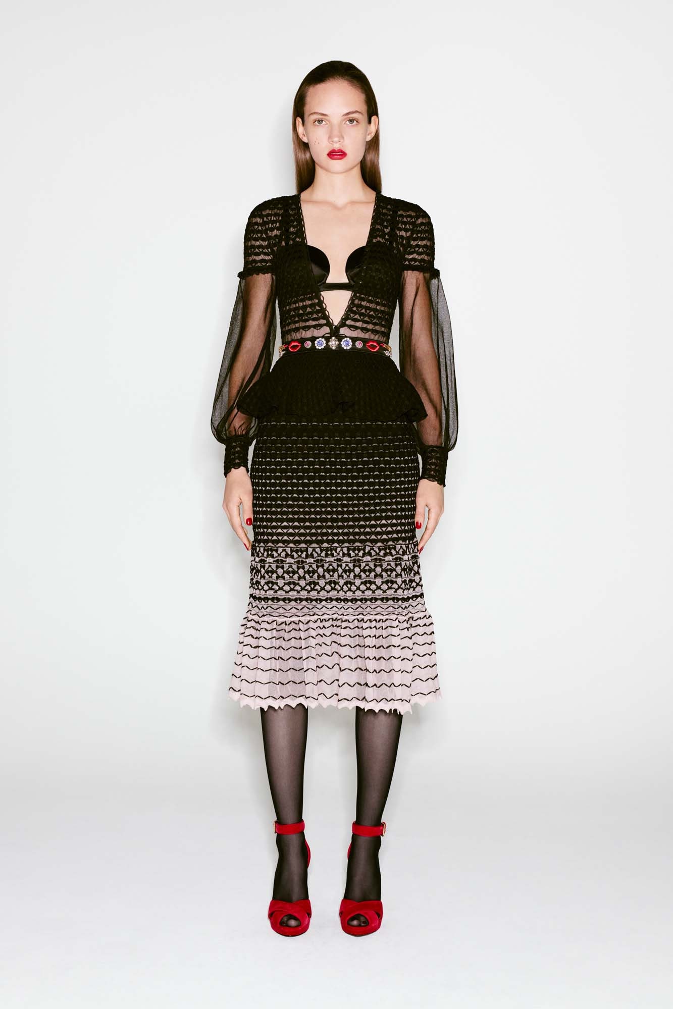 black lace midi dress with red shoes