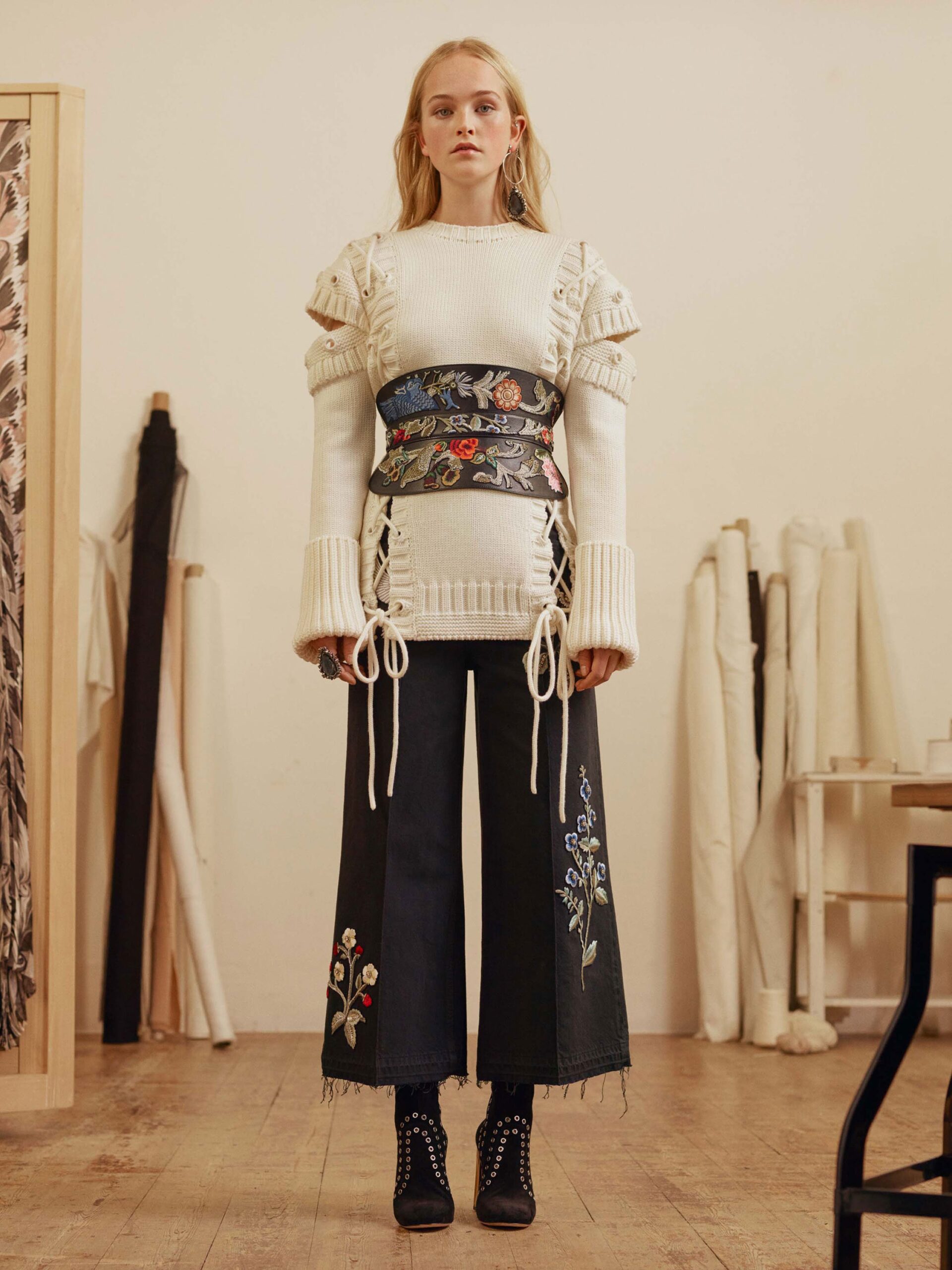 black denim relaxed high-waisted wide-leg embroidered pants