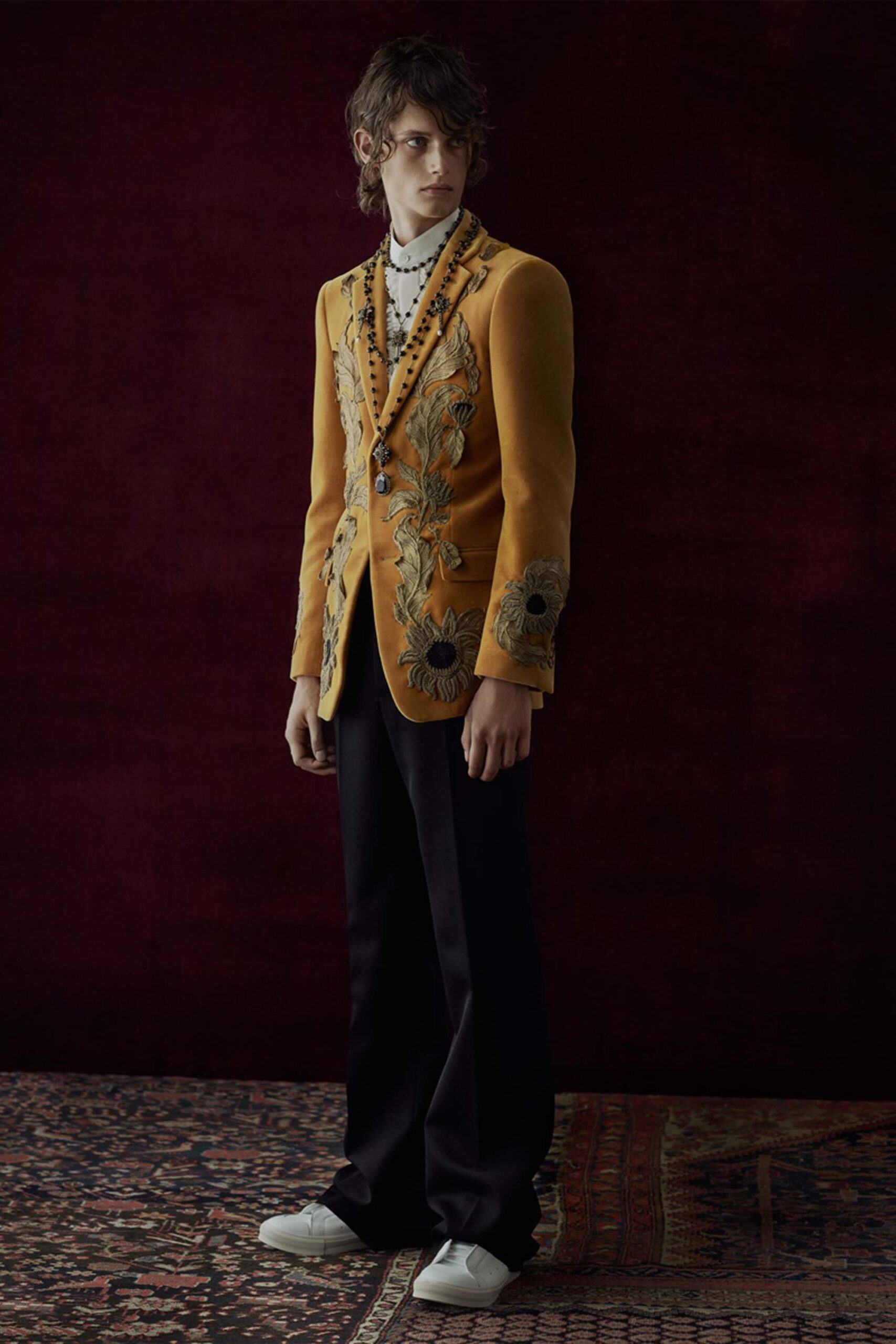 yellow cotton long-sleeve collared tailored embroidered blazer