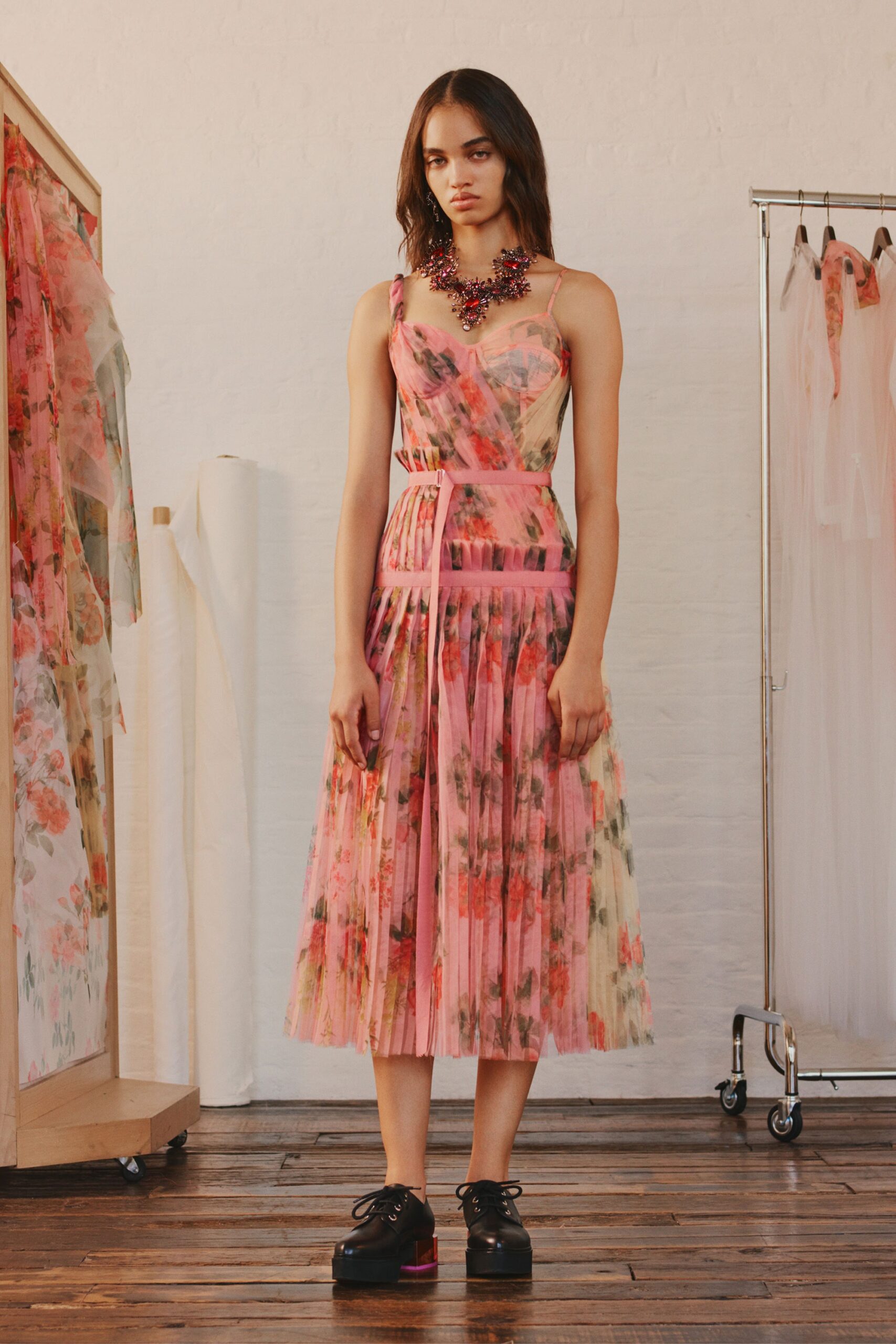 pink multi-colored pleated dress
