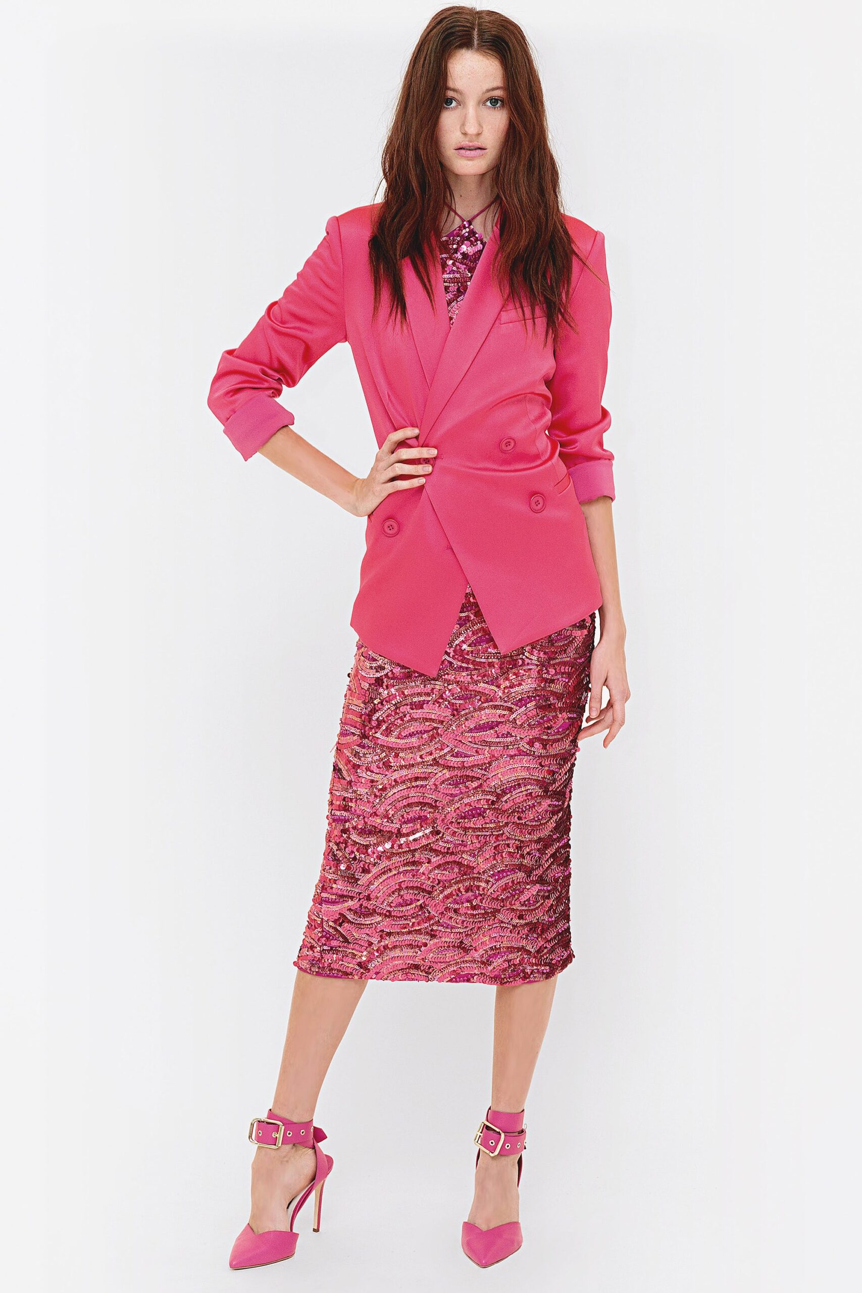 pink tailored blazer and sequined dress