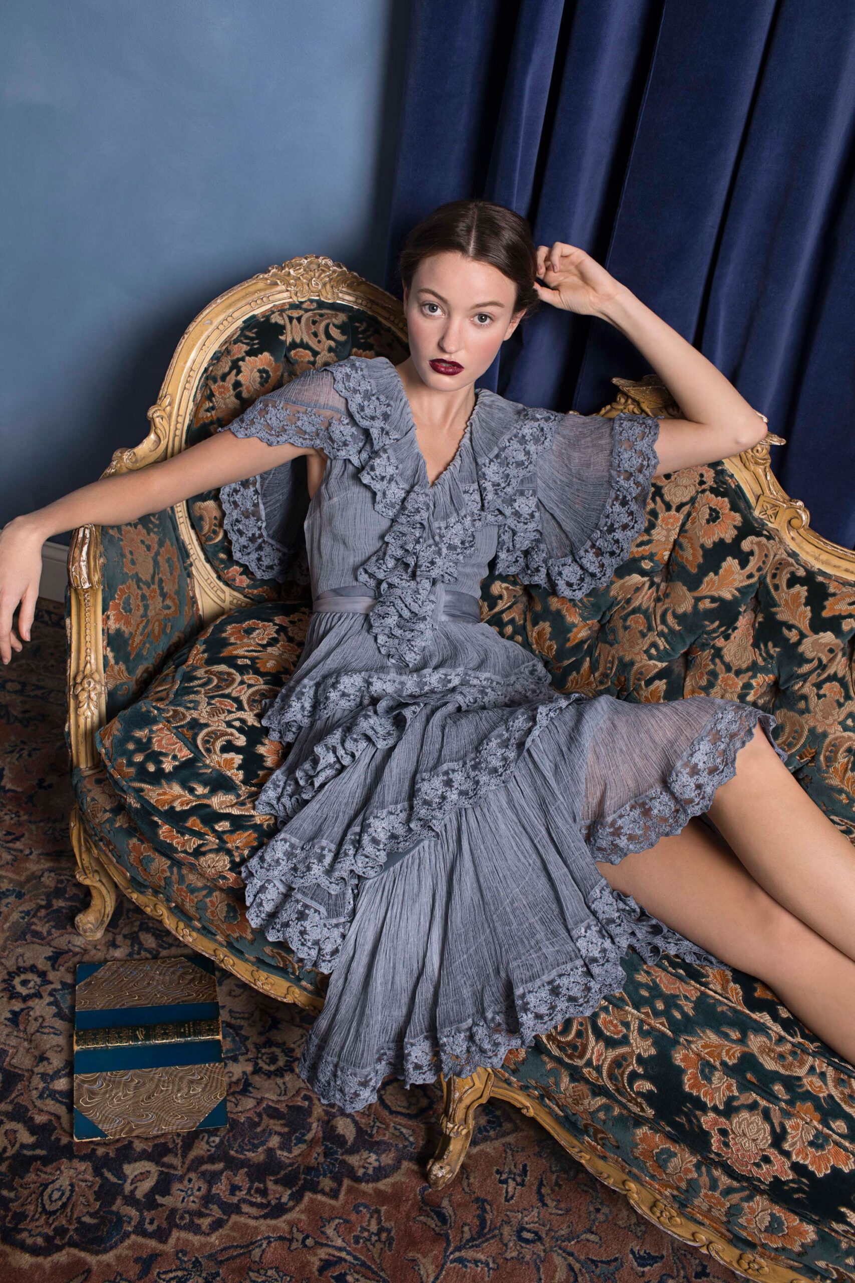 gray silk ruffled mini dress