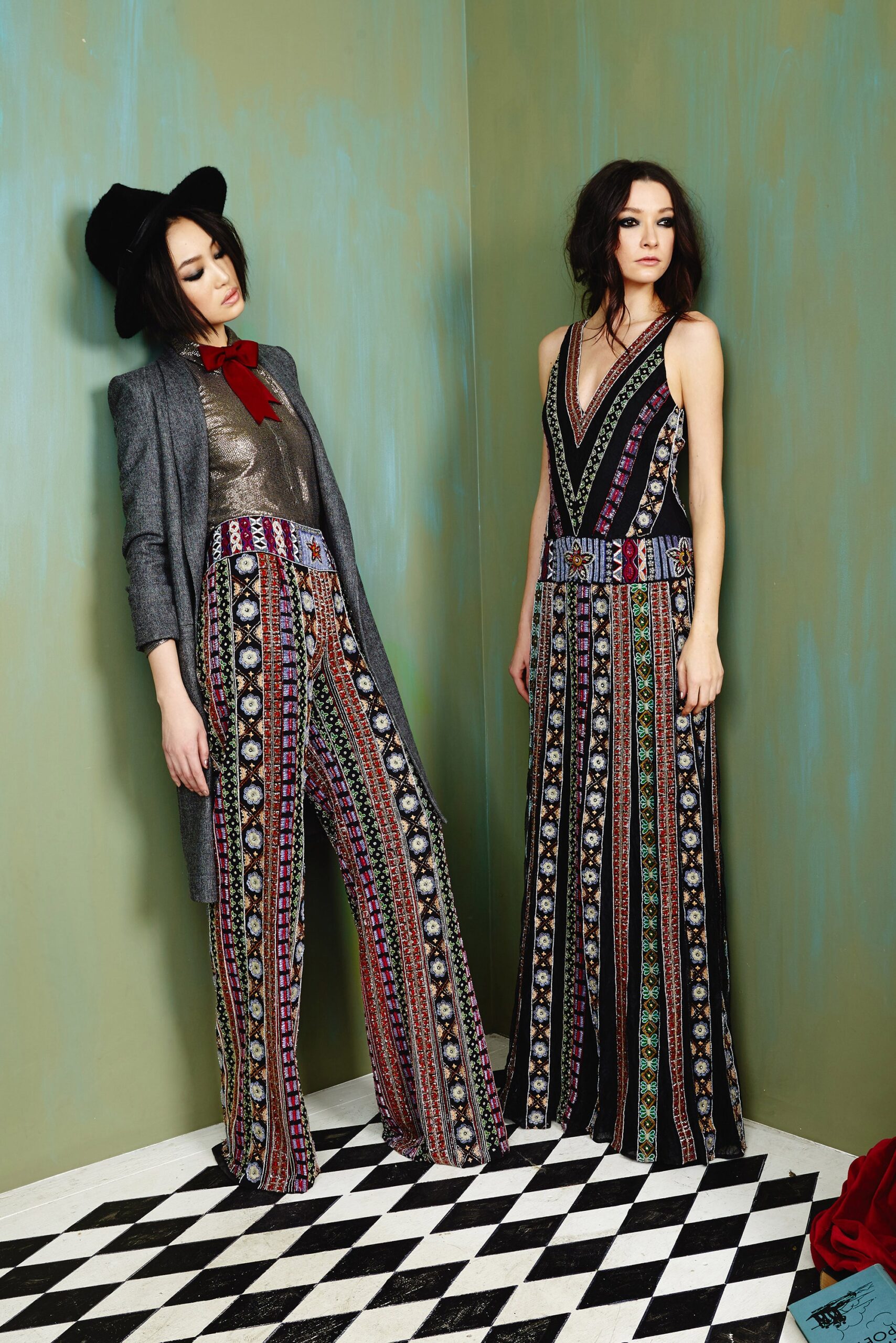 black multi printed jumpsuit with gray coat