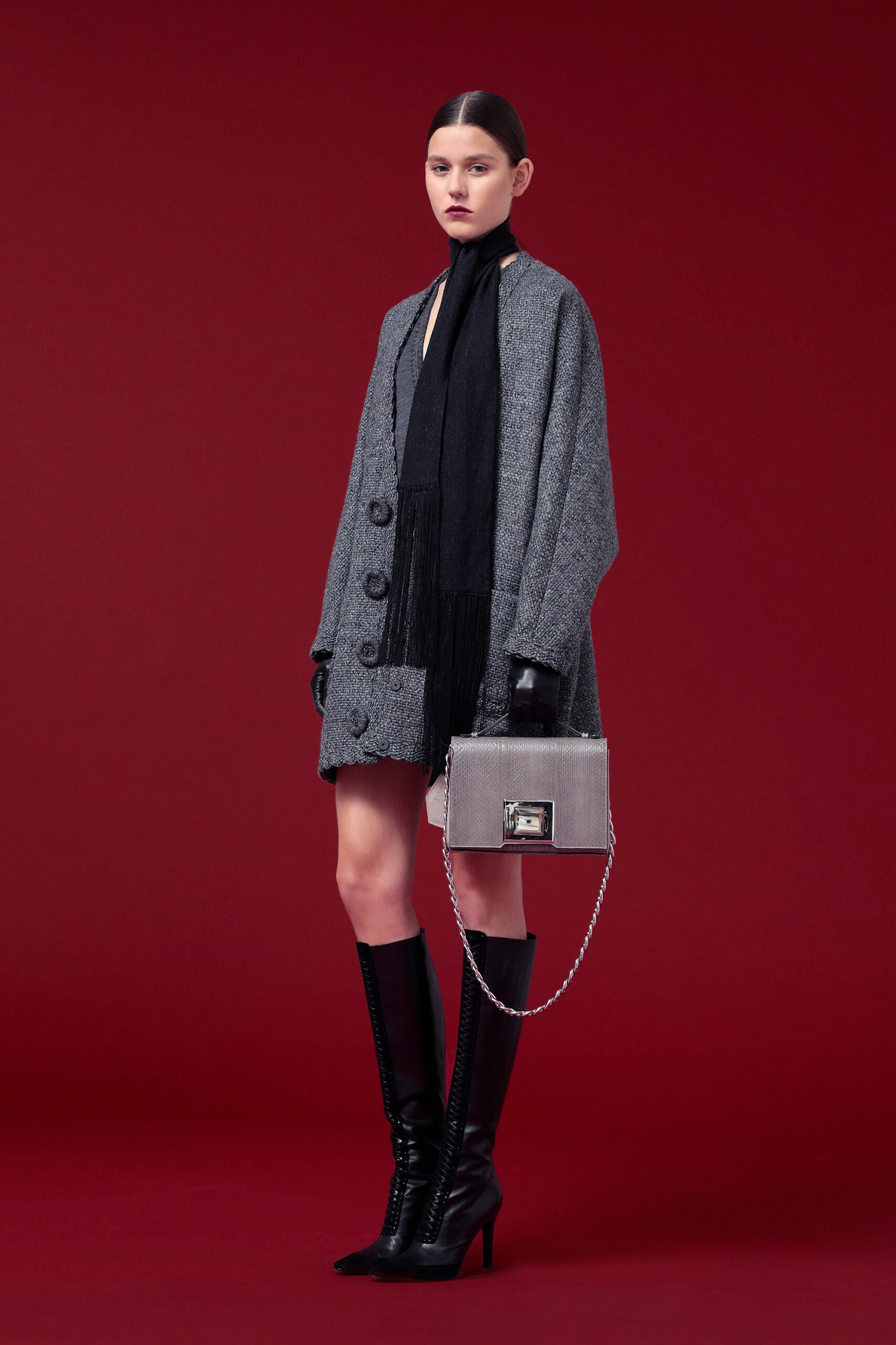 gray oversized coat with black scarf