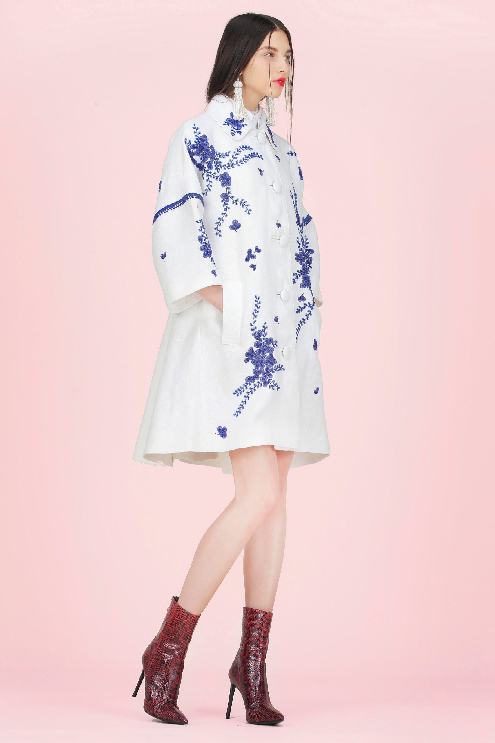 white cotton long-sleeve collared relaxed embroidered pockets dress