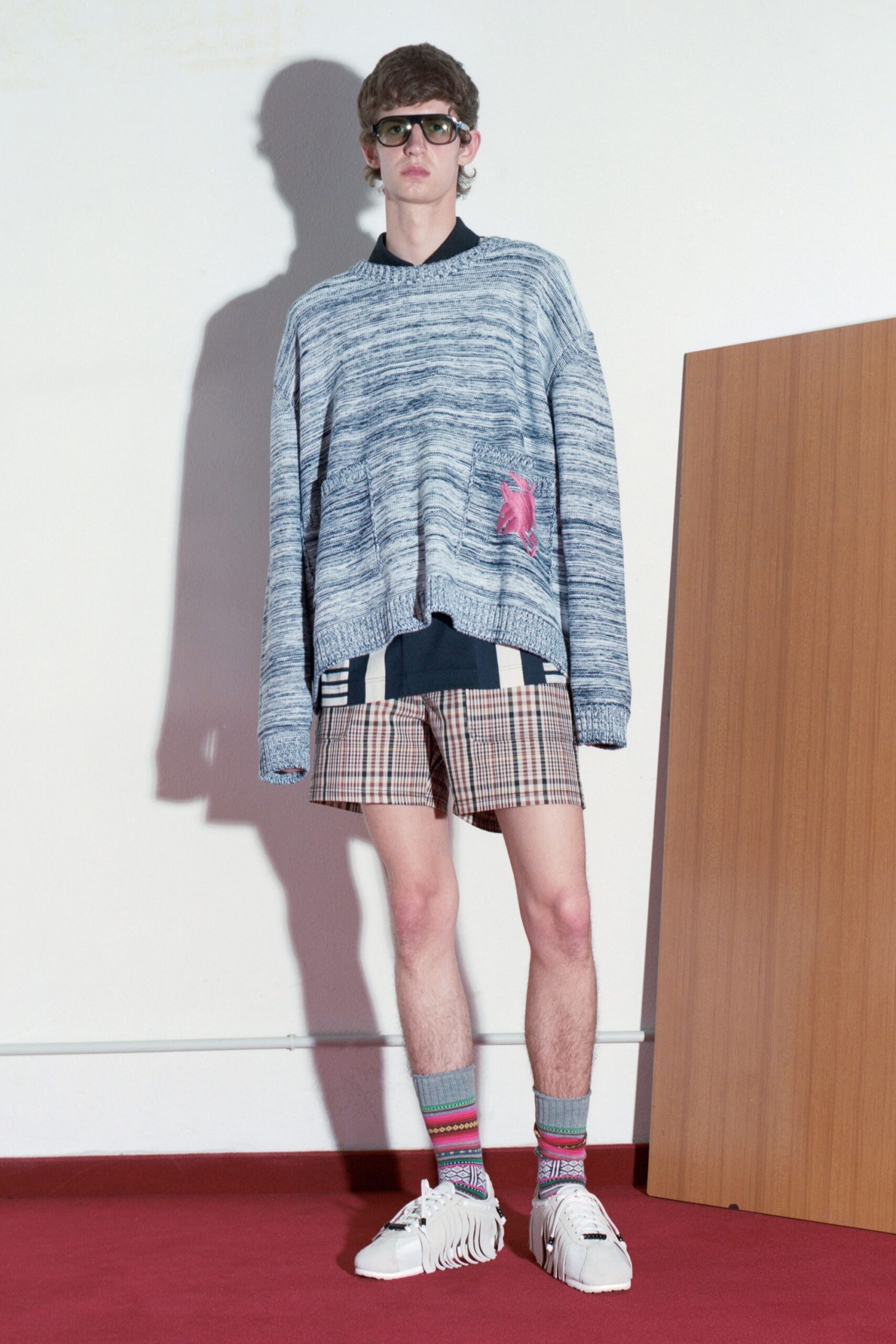 blue cotton long-sleeve collared oversized striped sweater