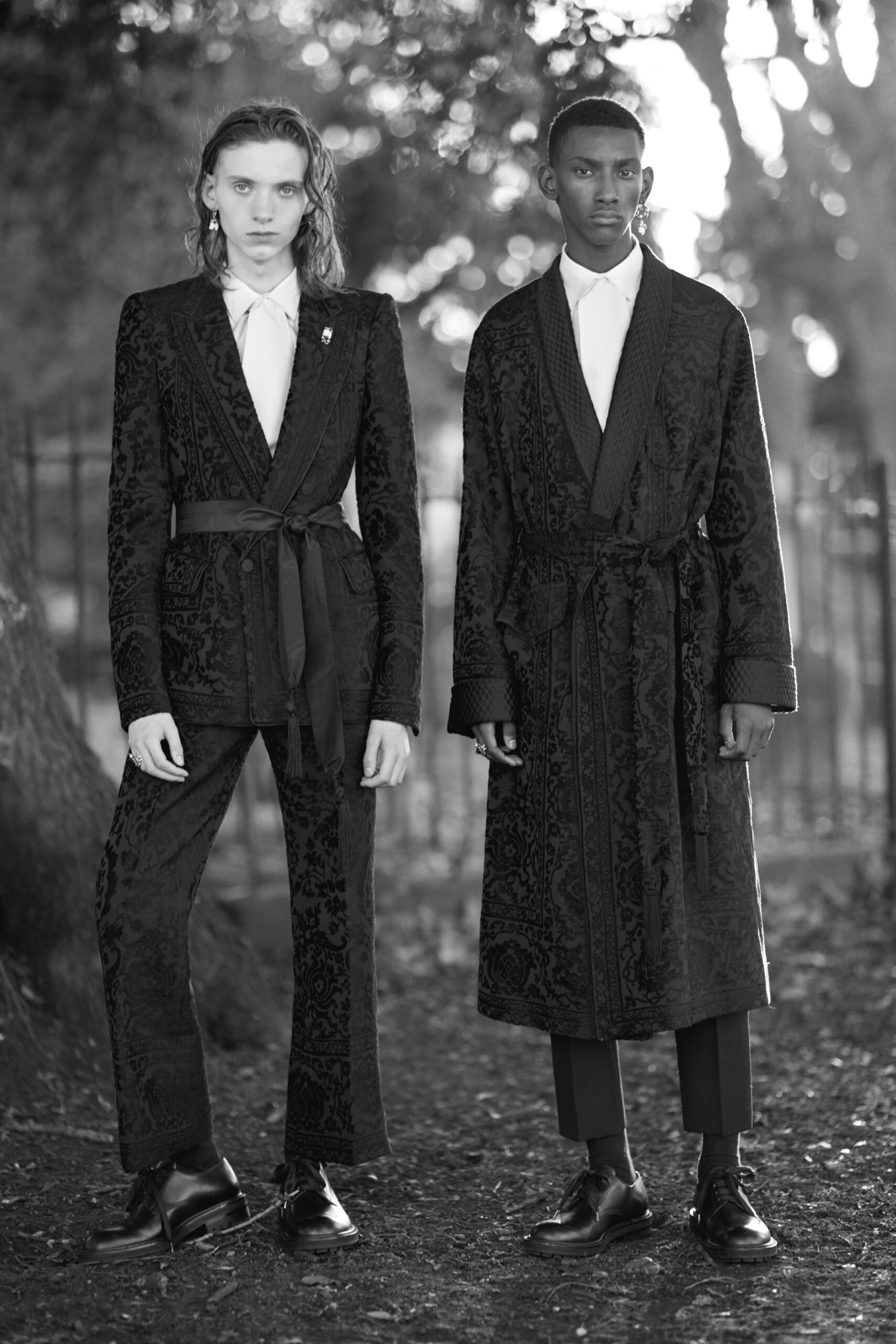black velvet long-sleeve collared fitted embroidered belted suit