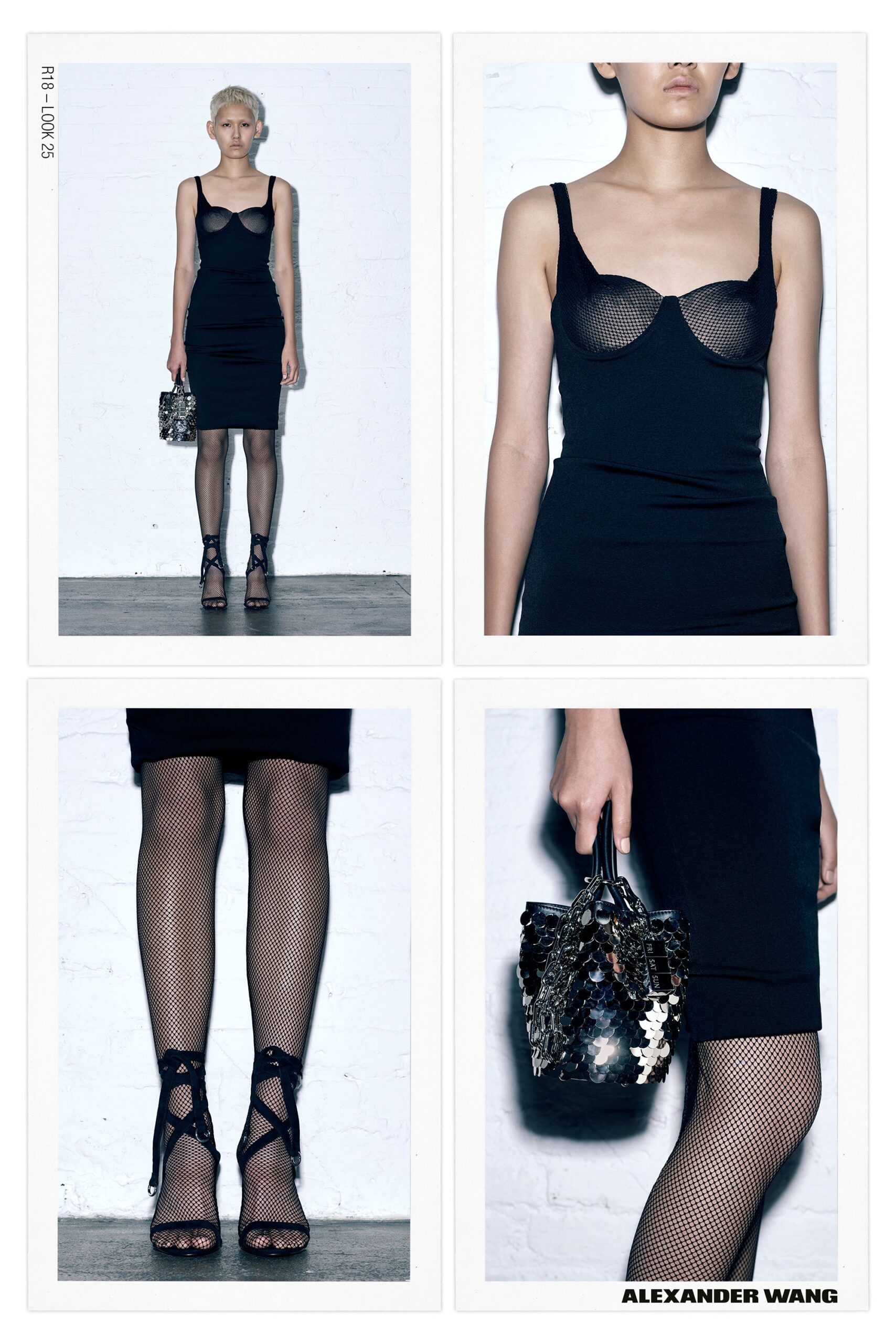 black fitted mini dress with fishnet leggings