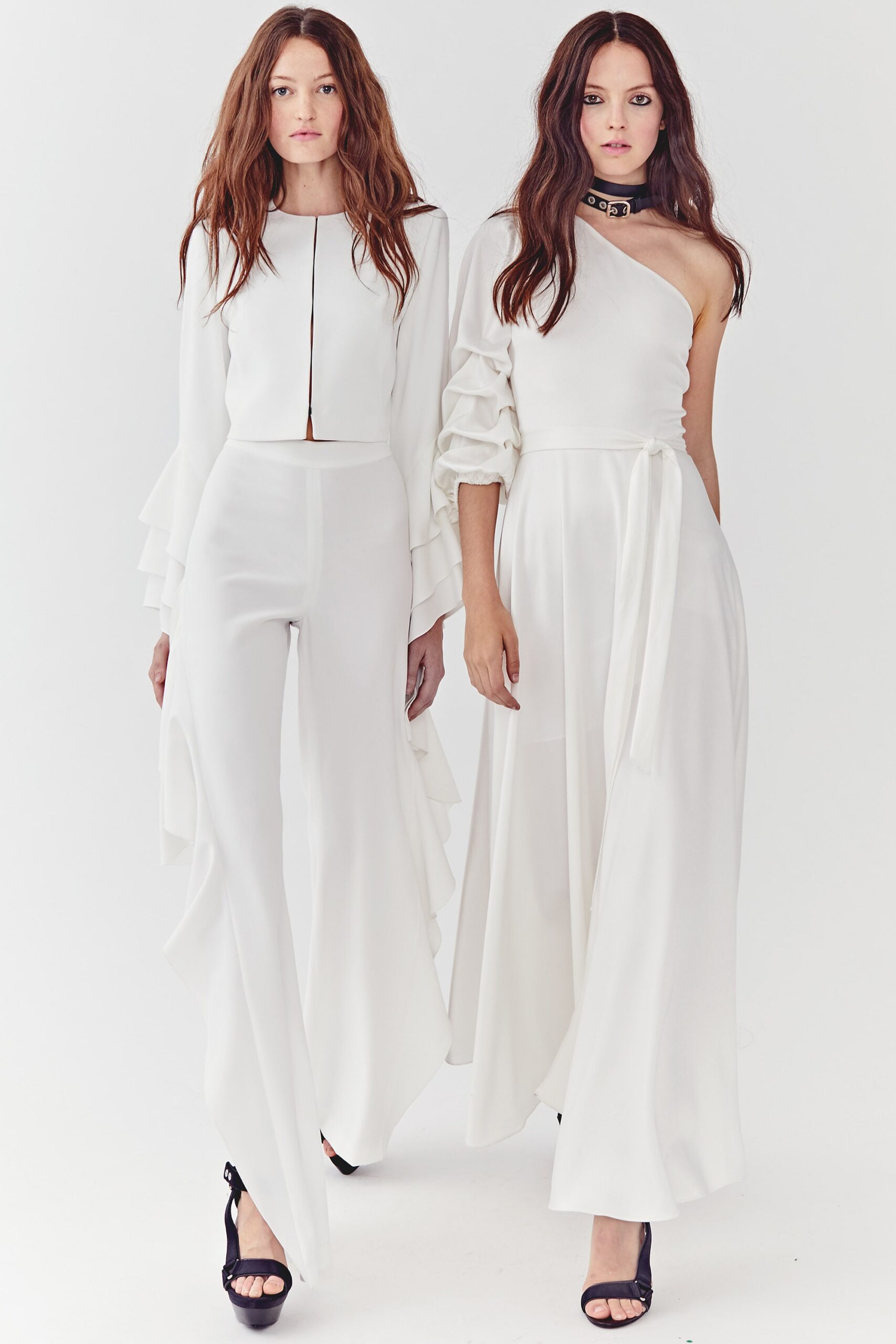 white silk jumpsuit and gown