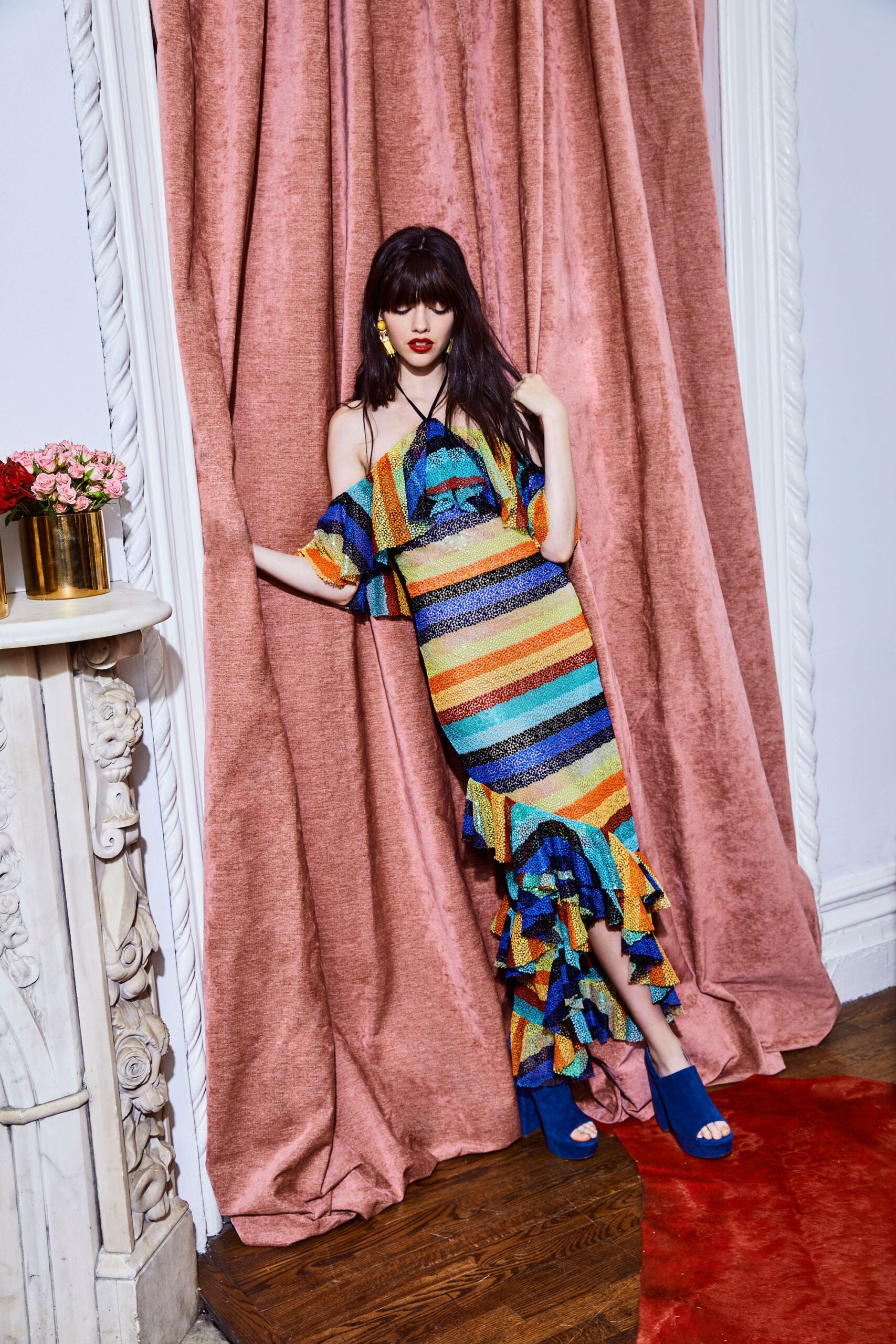 multi-colored ruffled midi dress