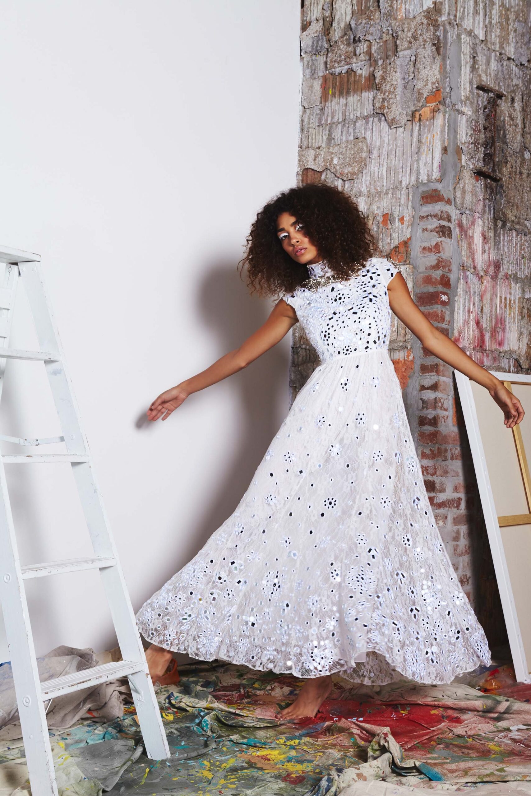 white lace embroidered gown