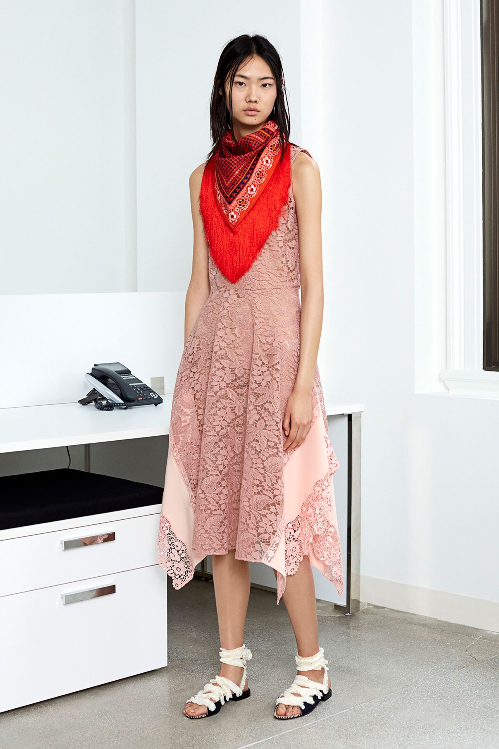 pink lace asymmetric dress with red scarf