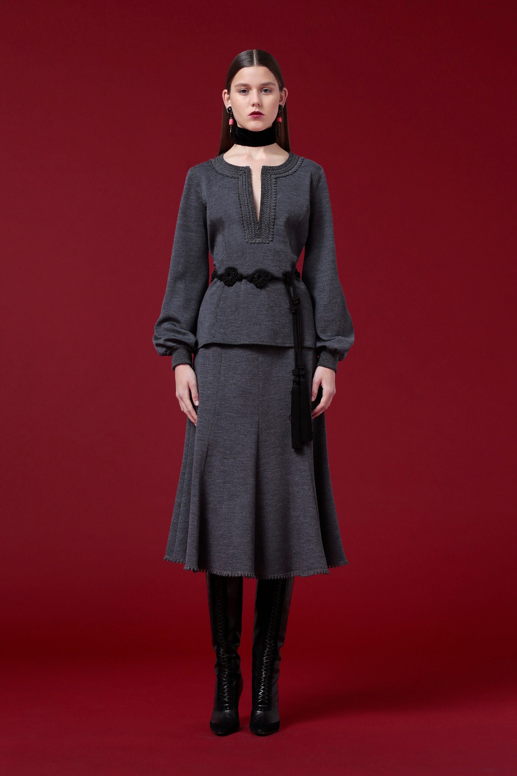 gray wool top and skirt